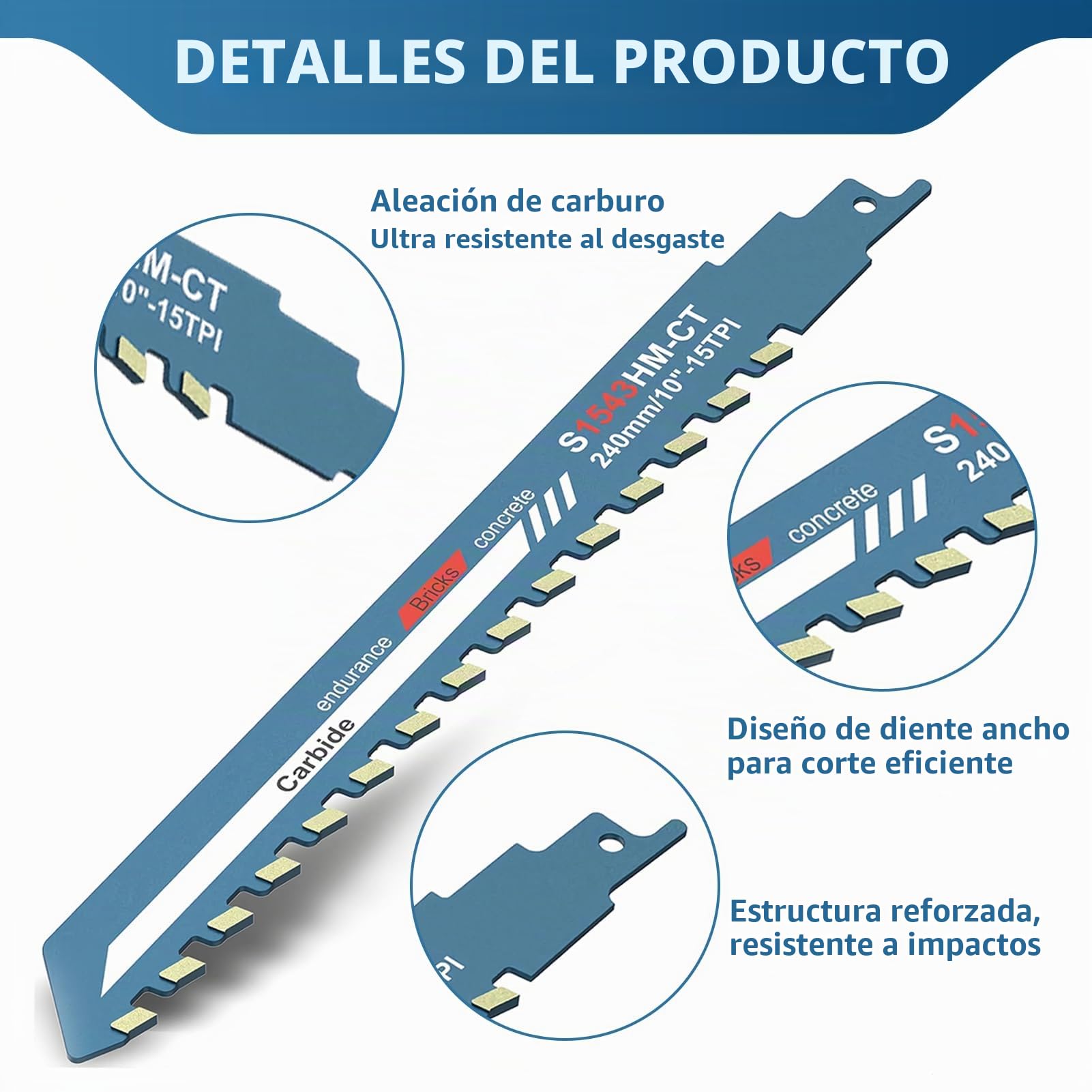 Hojas de Sierra Sable 240 mm Sierra de Sable S1543 Cuchilla Sierra Sable de Carburo para Metal Madera Hormigón Poroso Ladrillo Placa de Cemento