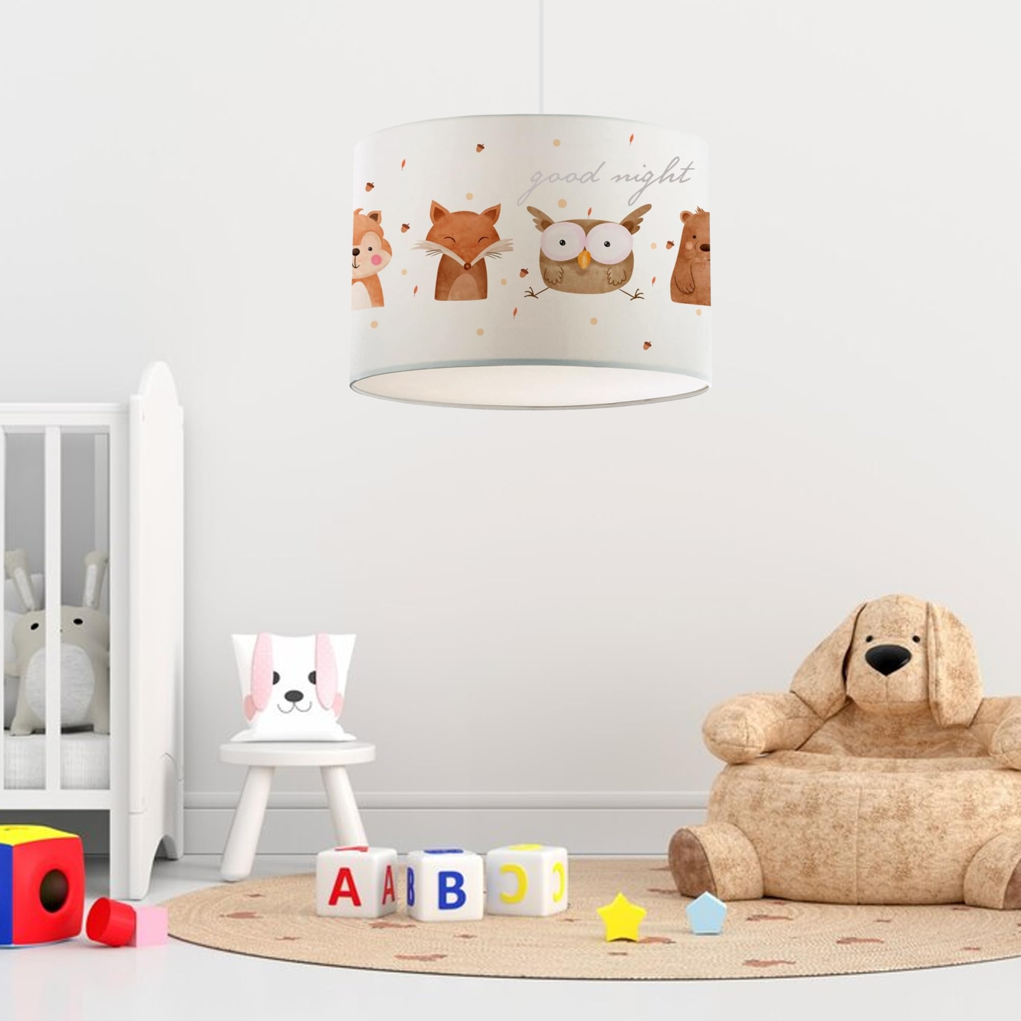 lux.pro Kinderzimmer Lampe Rugby Deckenleuchte E27 LED-geeignet Hängelampe mit Stoffschirm Waldtier-Motiv 70 cm hoch höhenverstellbar Weiß