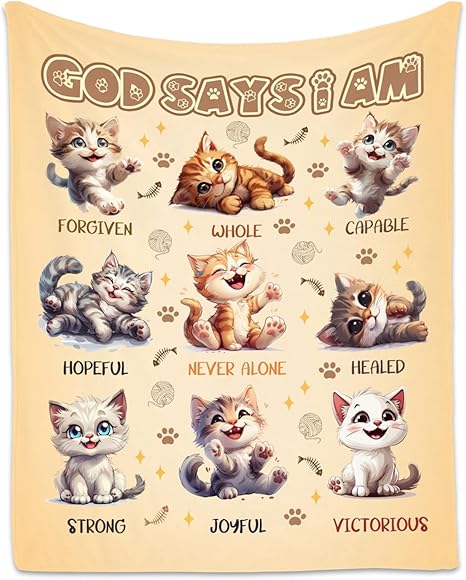 Cat Blanket, Cozy Soft Throw Gifts for Boys Girls, 50x60 Inch Cute Flannel Blanket for Cat Lovers, God Says I Am Throw Blankets for Bed Travel