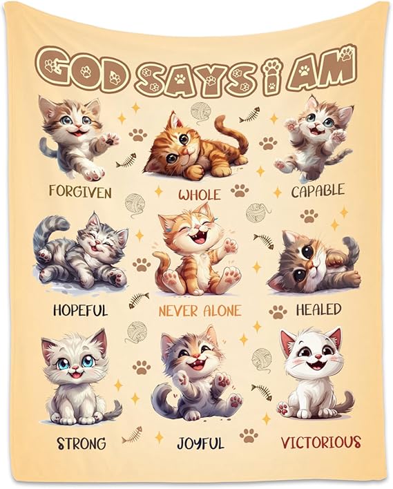 Cat Blanket, Cozy Soft Throw Gifts for Boys Girls, 50x60 Inch Cute Flannel Blanket for Cat Lovers, God Says I Am Throw Blankets for Bed Travel