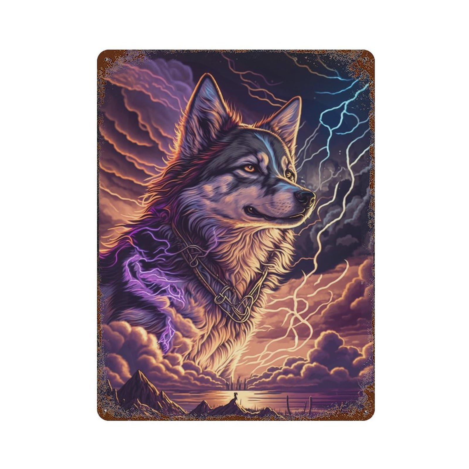 Distressed Metal Wall Sign with Thundering Wolf Majesty Design 15.7"x11.8", for Cafe, Home Bar And Lounge Decor, Retro Wall Decor