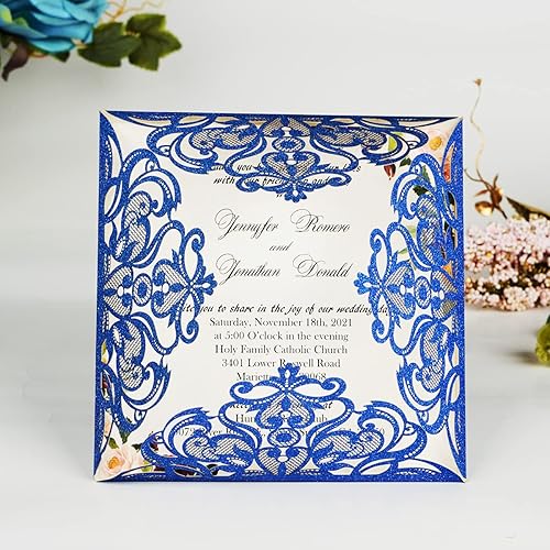 Miniatura 3 de Hosmsua 6.3 x 6.3 pulgadas, 50 tarjetas de invitación de boda personalizadas cortadas con láser con rosa de encaje hueco y sobres para compromiso,