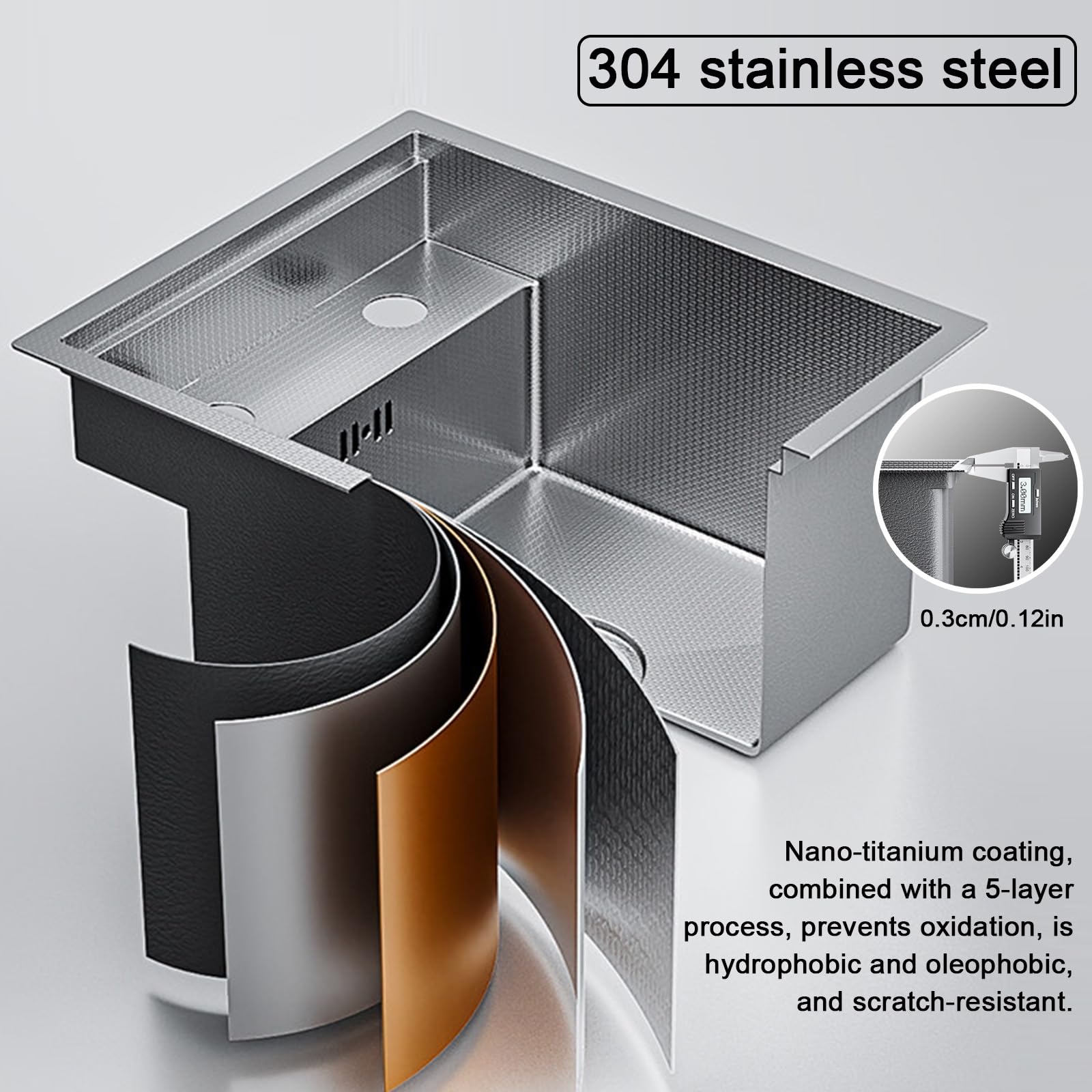 Fregadero Camper, Fregadero Cocina, Grifo Oculto, Placa de Cubierta, Acero Inoxidable 304, para Bar, Cocina, Balcón, Autocaravana(Silver,35x30cm/14x12in)