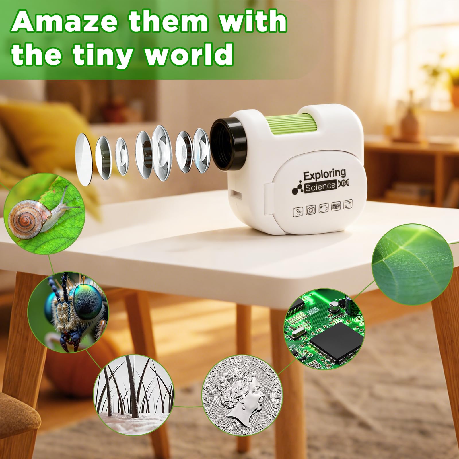 Mikroskop für Kinder mit 100–1600-fachem Zoom und LED, 3-in-1-Handmikroskop für Kinder, digitales Kindermikroskop mit 1080P DV-Kamera, kompatibel mit Mac OS und Windows, wissenschaftliches
