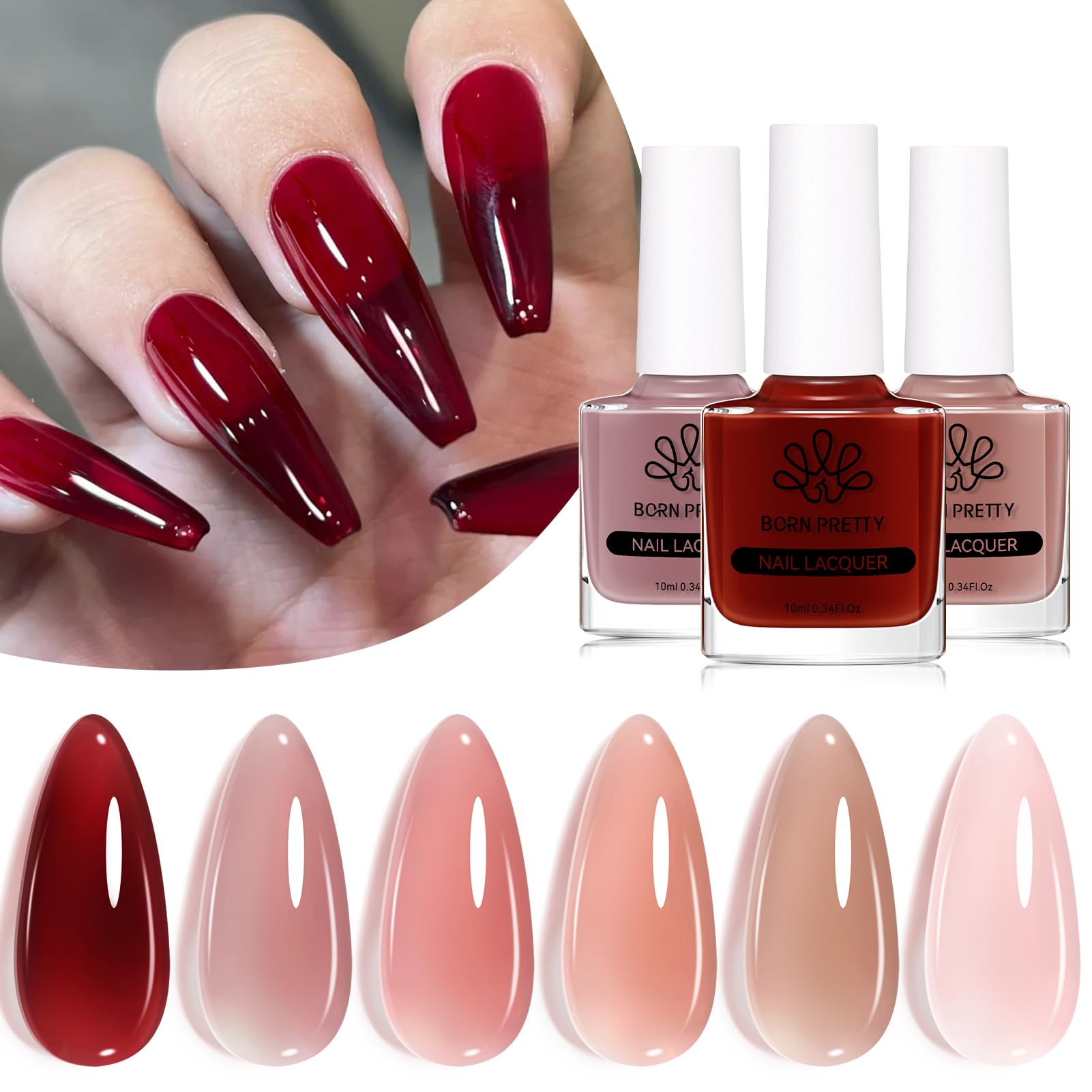 Born Pretty Nagellack Set Schnelltrocknend Jelly Sheer Nude - Nagellack Ohne UV Lampe Natürlich Rot Rosa Braun