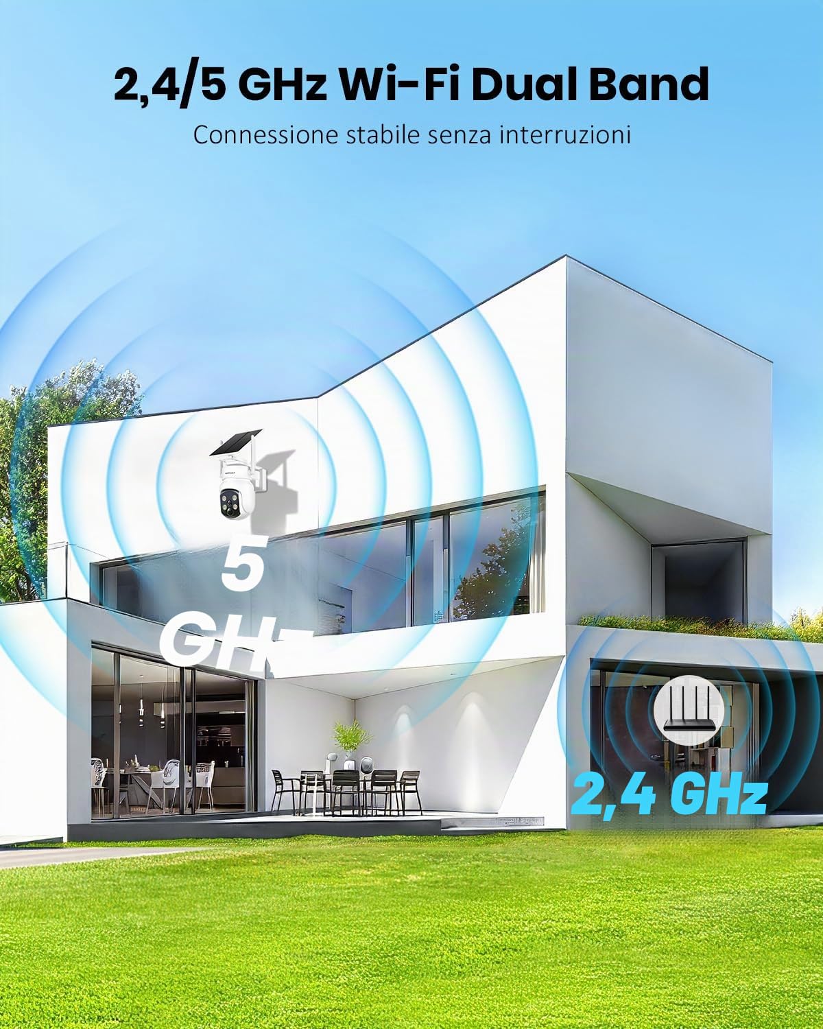 Telecamera Wi-Fi Esterno con Pannello Solare 2 in 1, 4MP/2.5K, 2PZ | Telecamera Senza Fili, 360° Copertura, Facile da Installare, 2.4/5GHz WiFi, Visione Notturna a Colori, Rilevamento PIR