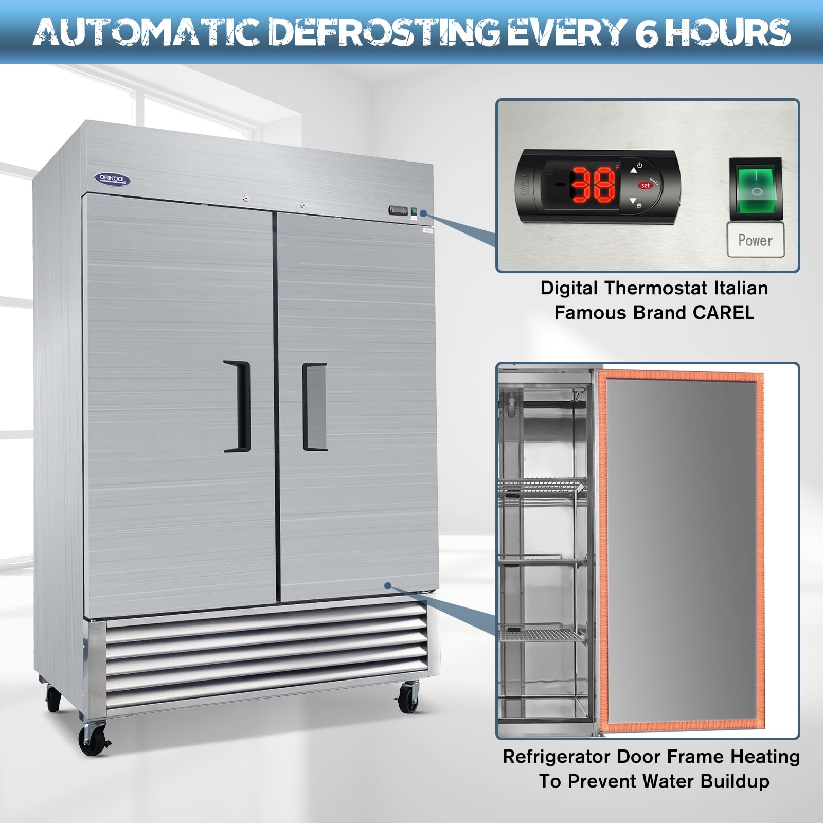 pidock 54 in Commercial Refrigerator 49 Cu.ft Stainless Steel Upright Fridge with 2 Solid Doors Reach-In Refrigerators, ETL Certified for Restaurants, Grocery Stores