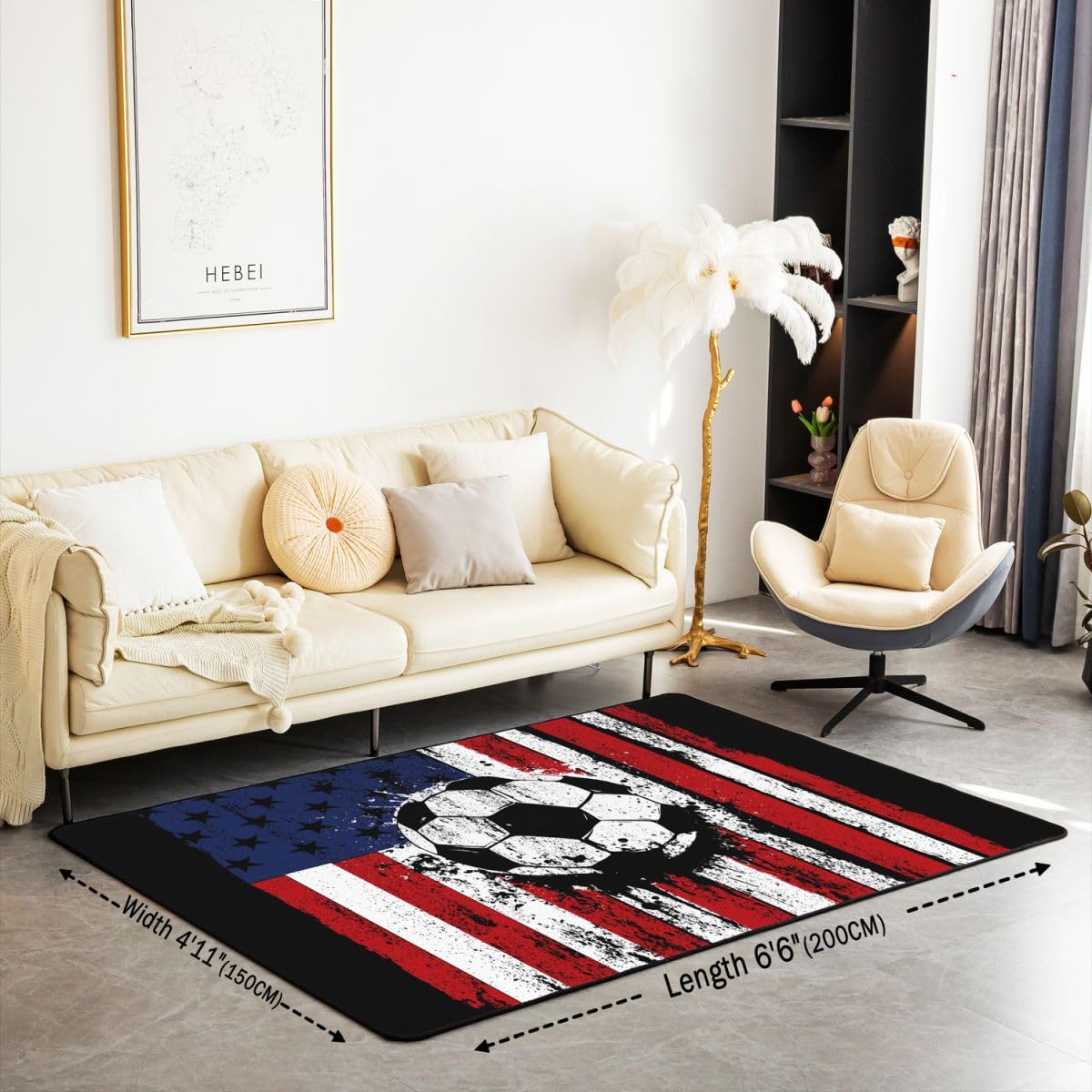 Homemissing Tappeto per area di calcio, 150 x 200 cm, con stampa bandiera americana, per soggiorno, camera da letto, camera da letto, calcio, videogiochi, con retro antiscivolo, tappetino per interni