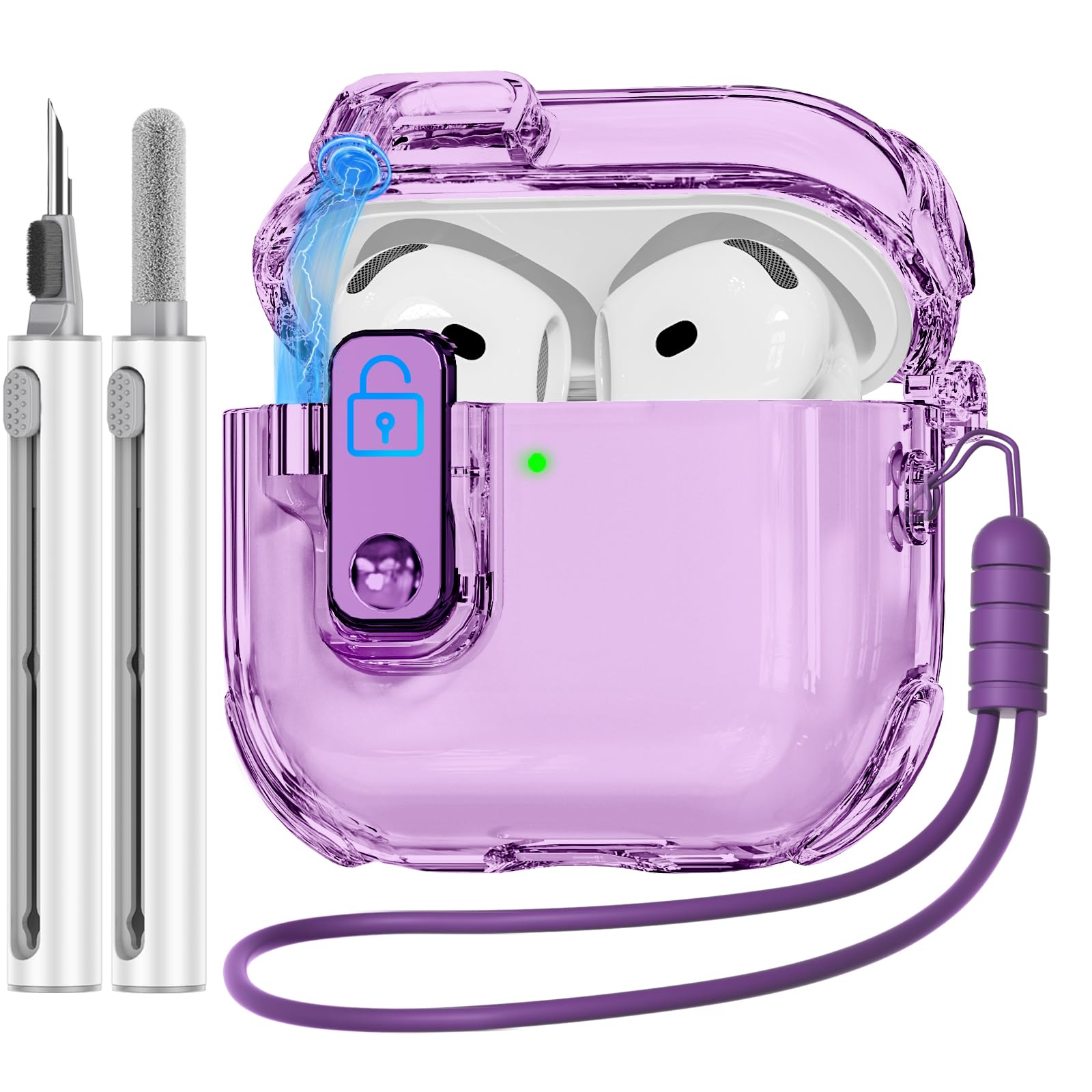 (with Safety Lock) Compatible with AirPods 4 Case with Cleaner Kit,Clear Soft TPU Transparent AirPods 4th Generation Case,Auto Pop-Up Lid and Lock