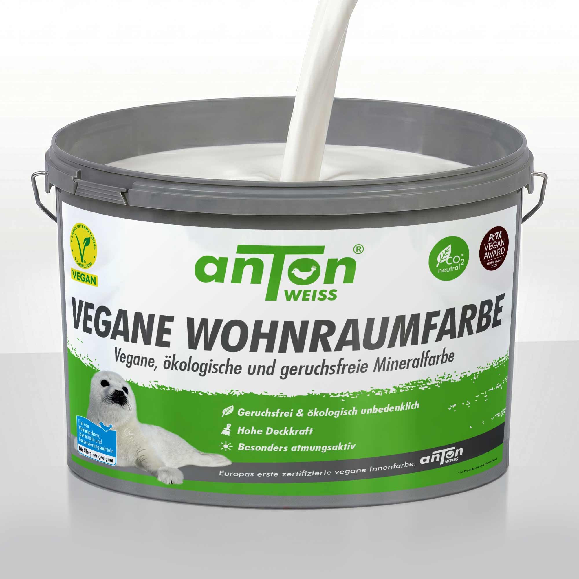 Anton Weiss® Qualitäts Wand/Deckenfarbe weiss | 5L | geruchsfrei & atmungsaktiv | 40m² | Mineralfarbe matt | höchste Deckkraft | beugt Schimmel vor | für alle Wohnräume und Allergiker | Vegan