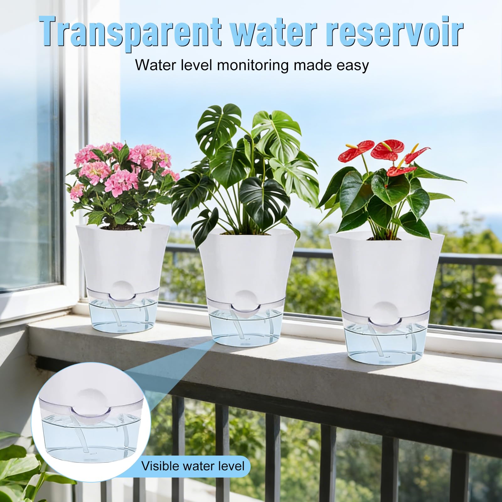 3er Set Kunststoff Selbstbewsserungstopf, kleine Pflanztpfe mit  Abflusslchern und transparentem Wasserreservoir, fr Topfpflanzen auf ...