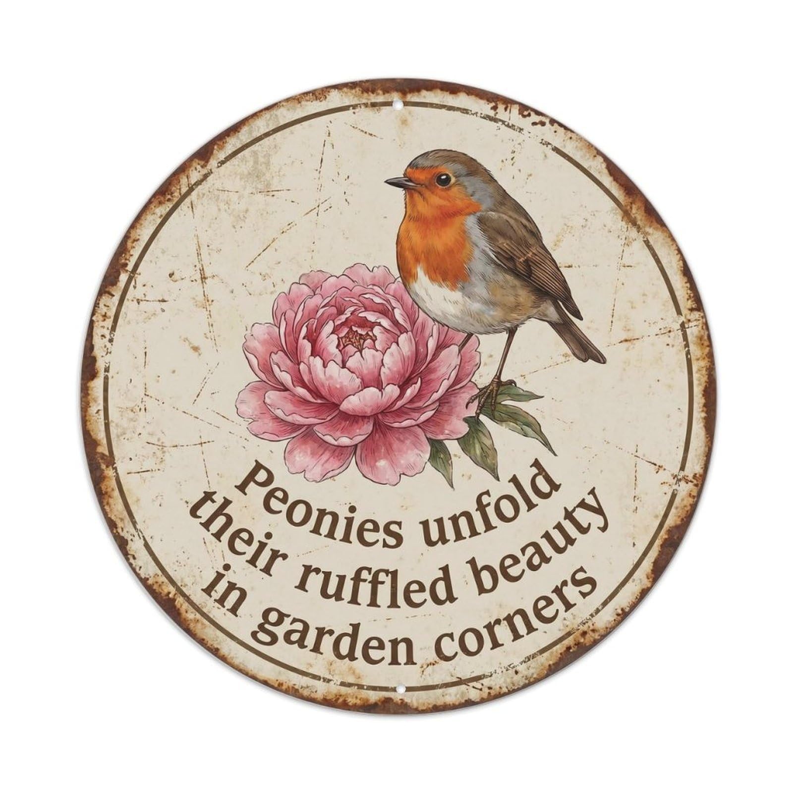 Robin Bird Garden Quote Peony CircleMetal Tin Sign
