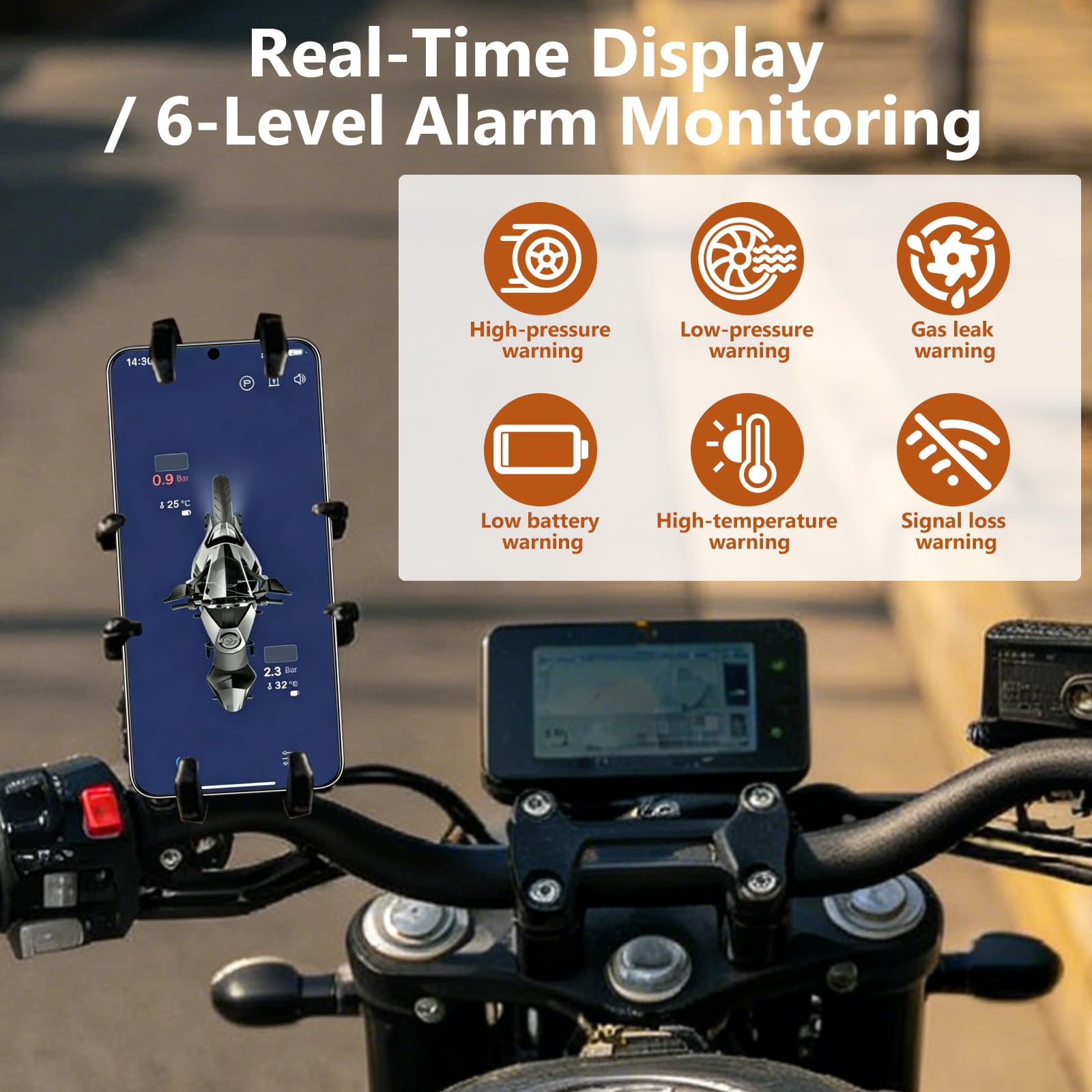 4 motocyklowy system kontroli ciśnienia w oponach TPMS z czystej miedzi, oparty na aplikacji (iOS/Android), ciśnienie i temperatura w czasie rzeczywistym, wodoszczelność IP67, żywotność baterii 2-3
