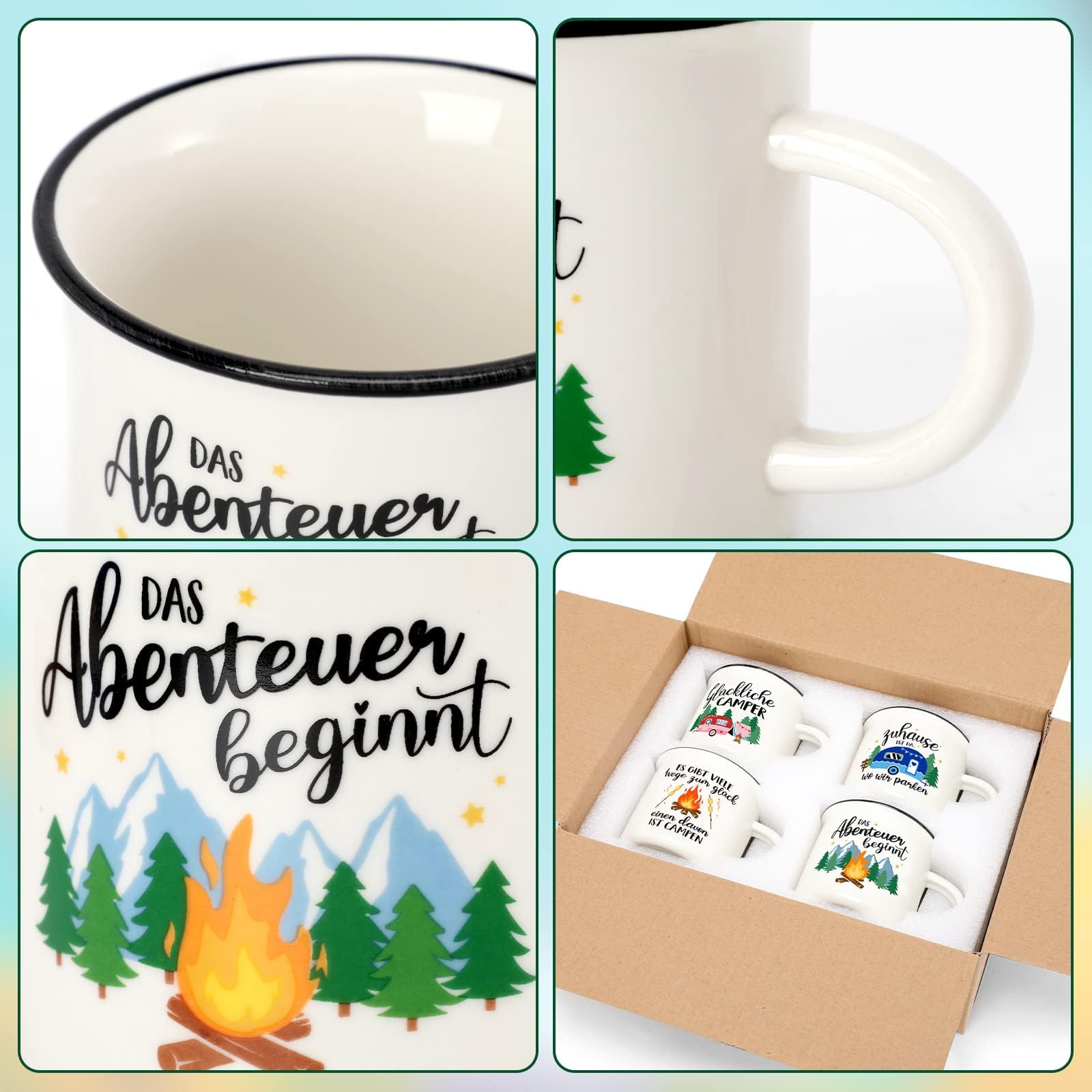 Camping Tasse Becher zum Campen Ausrüstung Geschenke für Camper Familie Womo-Bewohner Freunde Deko für Wandern Wohnwagen Wohnmobil Ausflüge 4 Stück