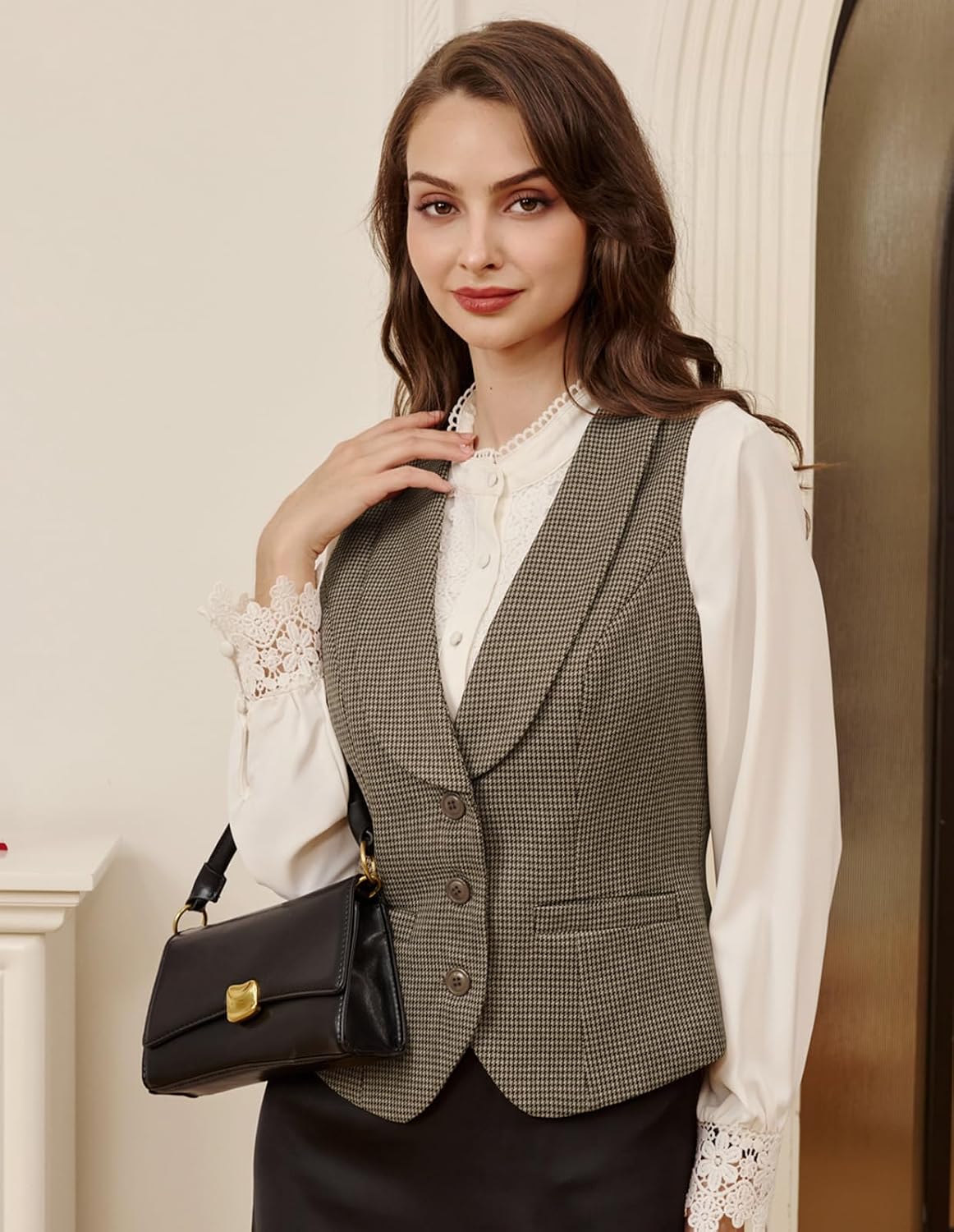 Belle Poque Vintage Lapel Collar Suit Vest Tops for Women V Neck Sleeveless Work Dressy Waistcoat Blazer with Pockets