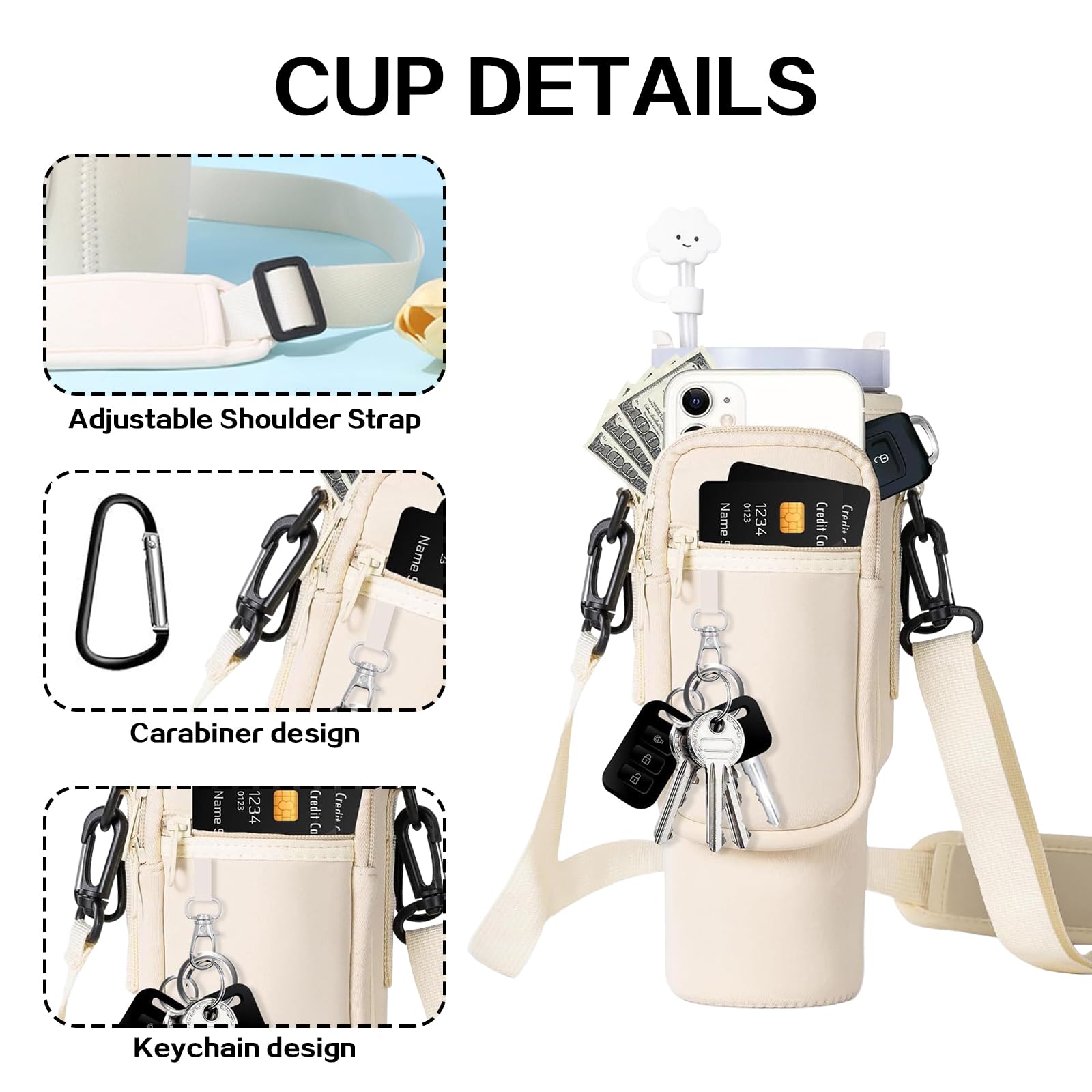 MPXEAVG Tas voor Stanley Cup 1,2 l, 1000 ml Stanley Cup tas, met vak voor mobiele telefoon, karabijnhaak en verstelbare schouderriem, voor reizen, wandelen en hardlopen, fietsen (beige