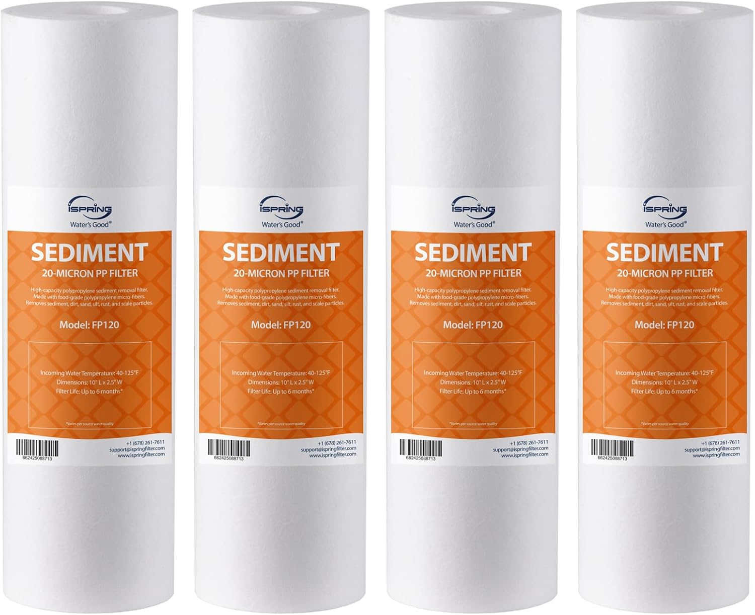 iSpring FP120X4 10"x2.5" Universal Sediment Water Filter Replacement Cartridges, 20 Micron Multi-layer Sediment Filter, 4 Pack