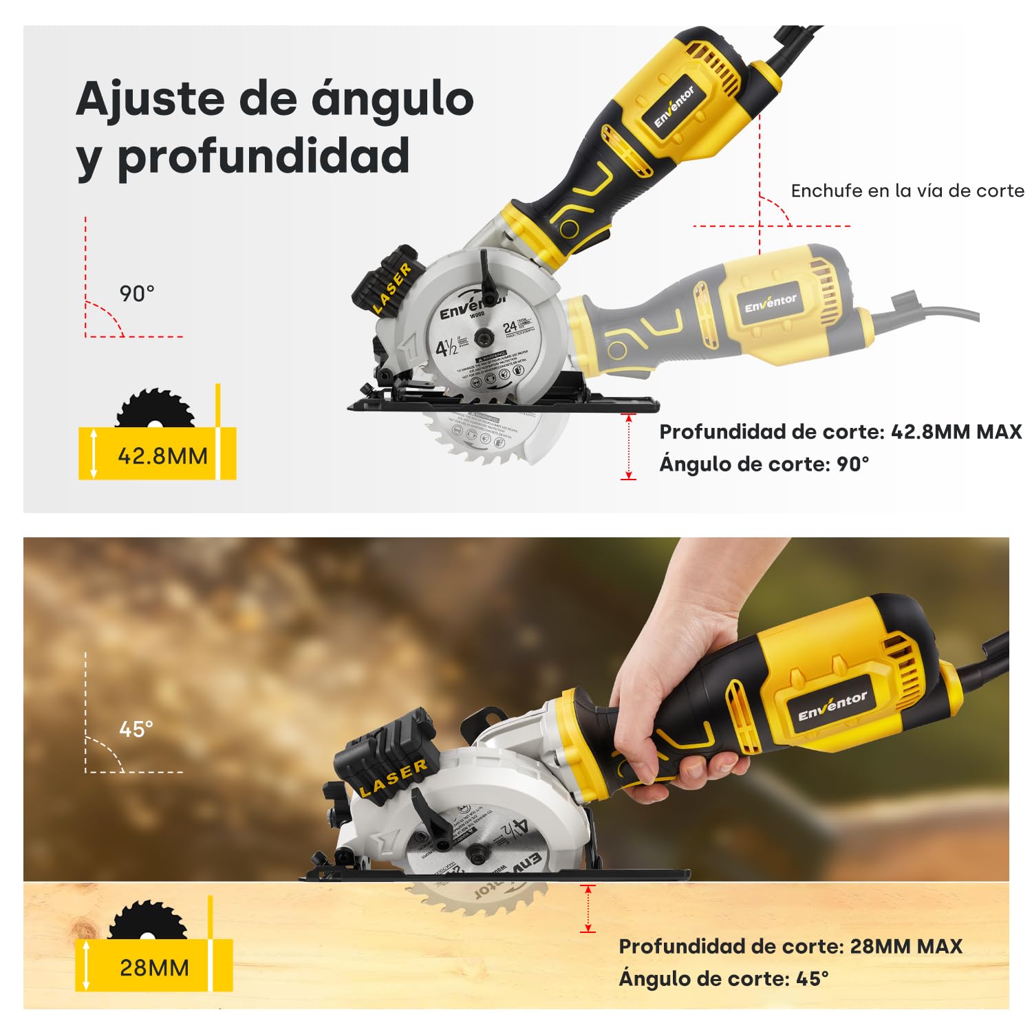 ENVENTOR Mini Sierra Circular 705W, Mini Sierra Circular de Mano 3500RPM, Guía Láser, 6 Hojas de Ø115mm, Corte: 42.8mm/90º, 28mm/45º, para Cortar Azulejo, Madera, Metal Blando