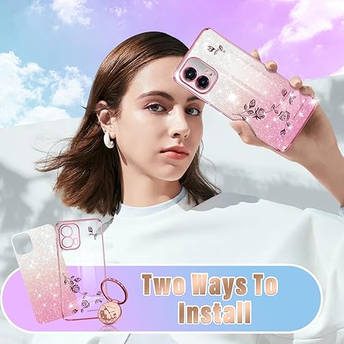 Miniatura 6 de Likiyami Funda 3 en 1 para Moto G Power 5G 2023 para mujeres y niñas, con purpurina, bonitas fundas para teléfono con diseño de anillo brillante,