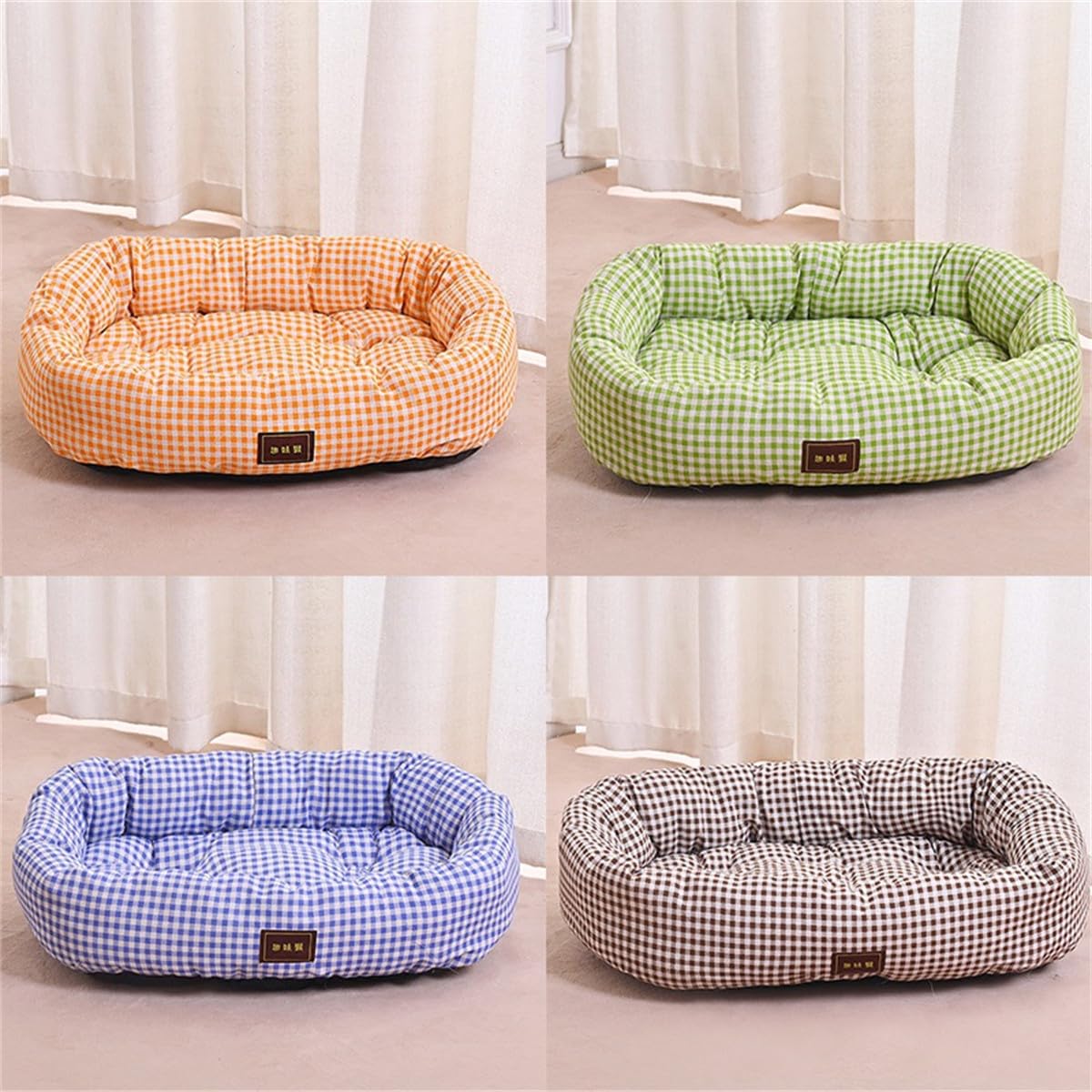 Odot Cama Perro Gato para Grande Medianos Pequeño, Impresión de Cuadros Cama Ortopédica Rectángulo Cojín de Felpa, Mascotas Sofá para Gatos, con Base Antideslizante, Lavable (Marrón,L)