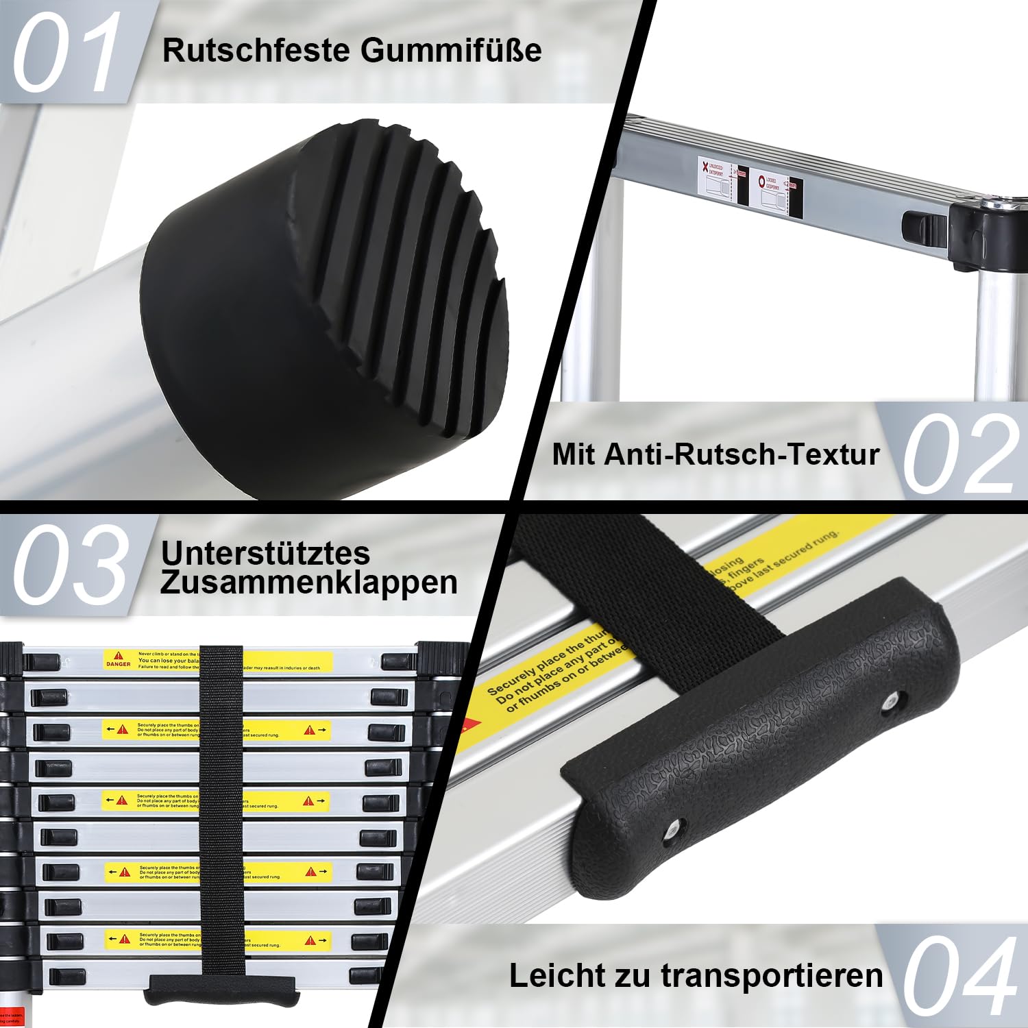 Jopassy Telescopic Ladder, Extendable, Non-Slip Aluminium Ladder, Multifunctional, Maximum Load 150 kg, 4.4 m