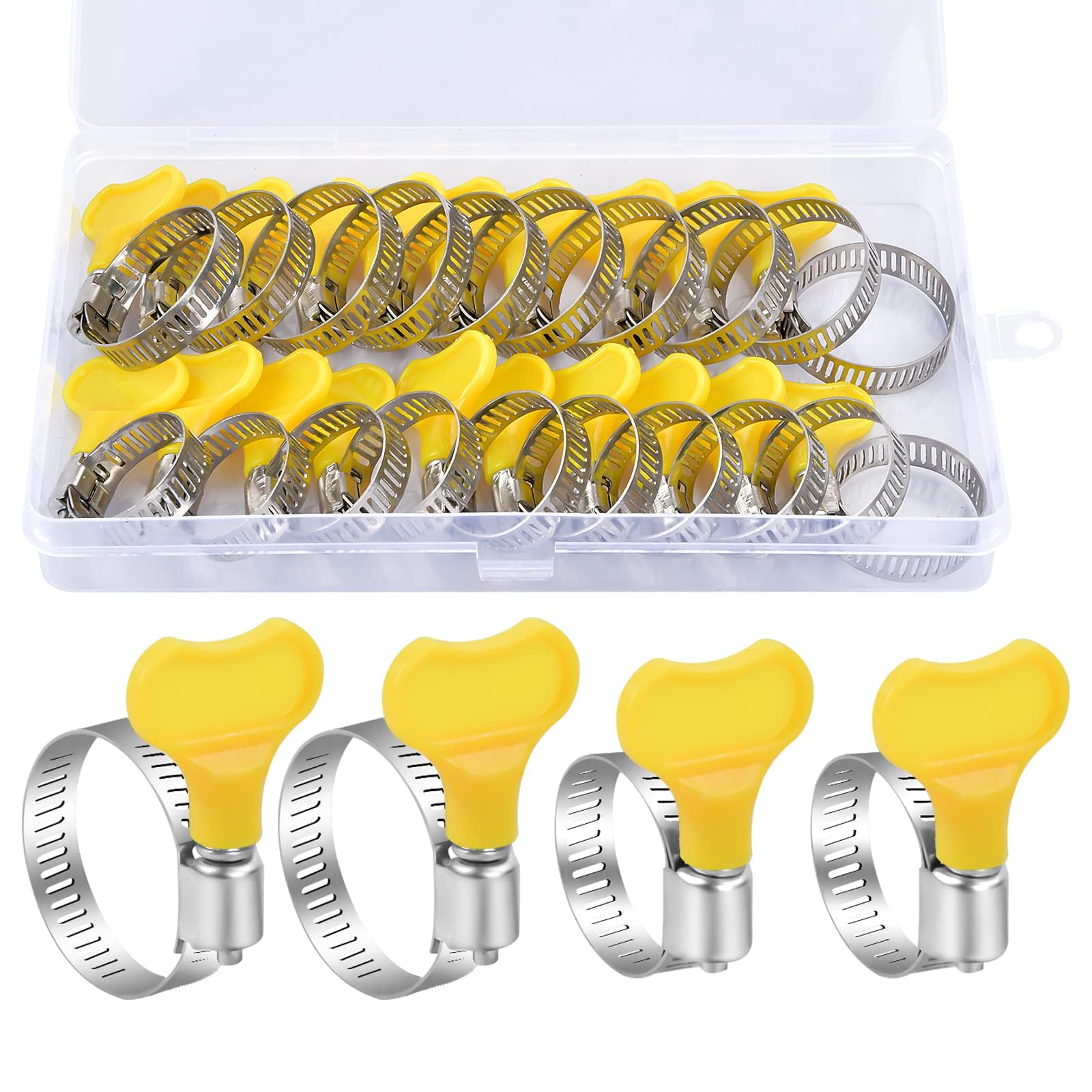 Joyzzz Stainless Steel Hose Clamp, 10 Pcs 16-25mm and 10 Pcs 19-29 mm Key Type Adjustable Hose Clamp, Stainless Steel Worm Gear Clamp with Yellow Plastic Handle, Metal Clamps for Intercooler, Pipe
