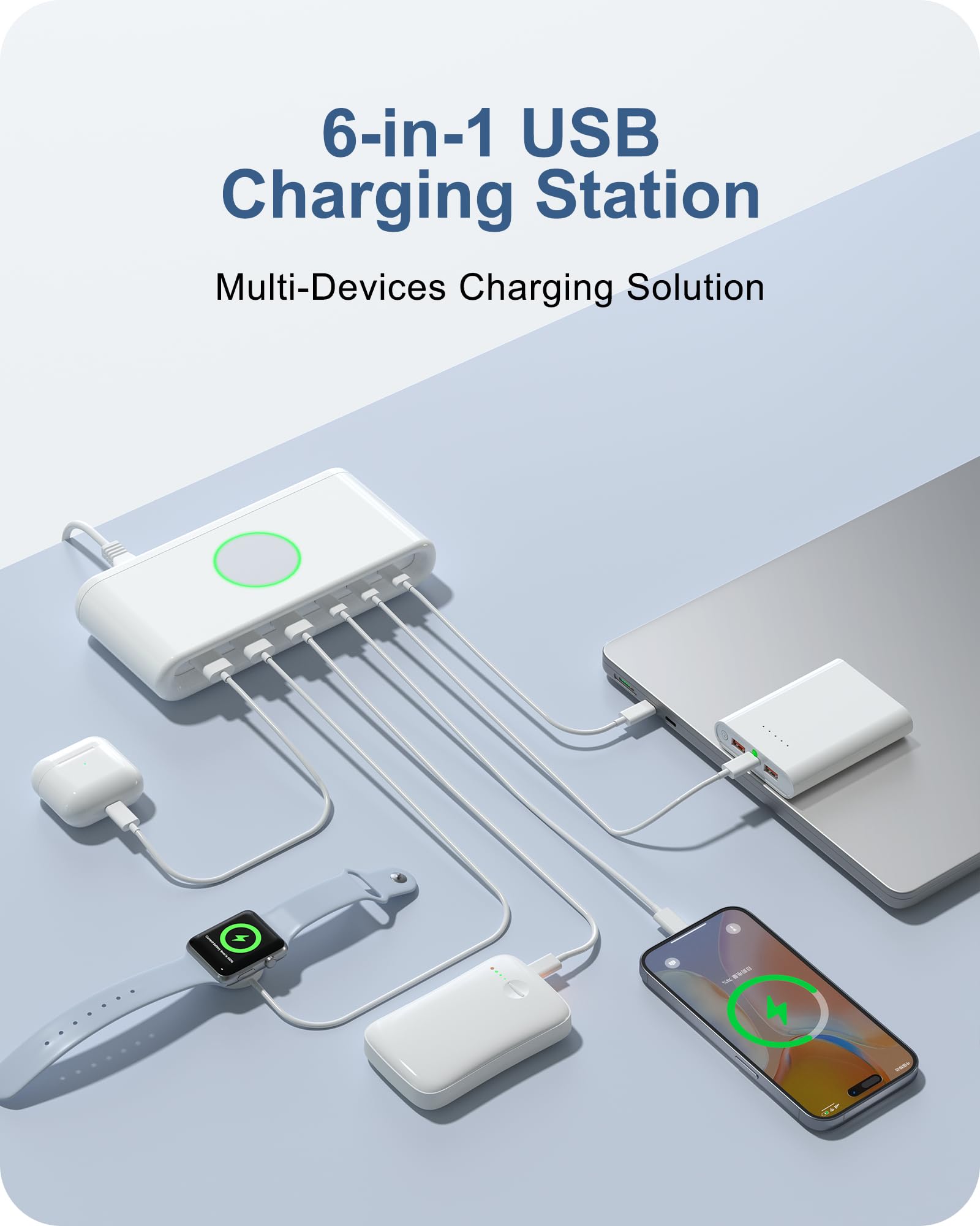 Blocco caricabatterie USB C, stazione di ricarica rapida, hub per stazione di ricarica GaN III a 6 porte, PD 65 W PD 20 W USB C, adattatore caricatore per computer portatile, blocco caricabatterie per