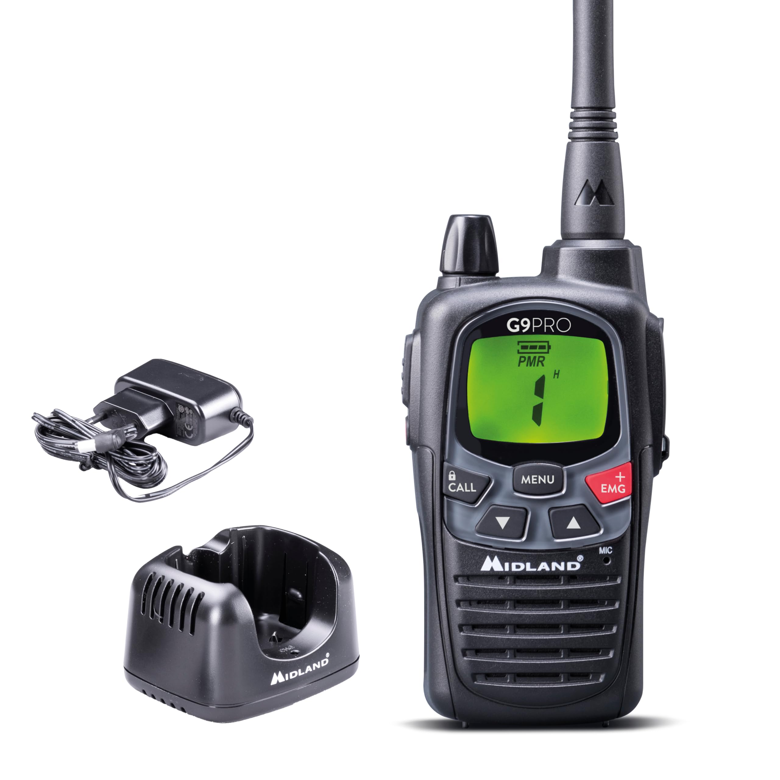 Midland - Talkie Walkie Longue Portée 12Km Professionnel G9 PRO, Radio Récepteur Émetteur IPX4 Étanche Waterproof Airsoft et Outdoor 103 Canaux - 34 PMR446/​69 LPD, Autonomie 23H, 4 Piles Rechargeables