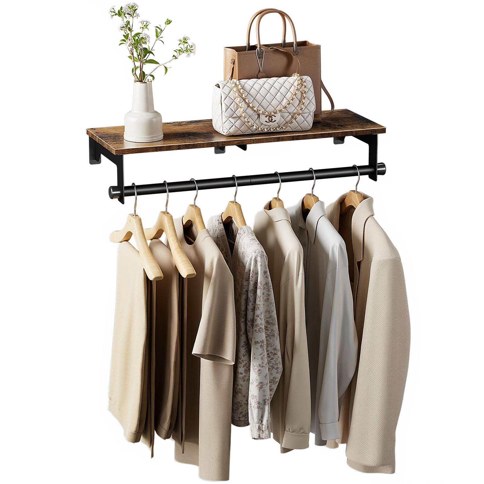 Luxspire Clothes Rack 28.7inch, Wall Mounted Garment Racks with Top Shelf for Hanging Clothes, Heavy Duty Industrial Pipe Garment Rack, Laundry Room Shelves Closet Storage, Black + Brown