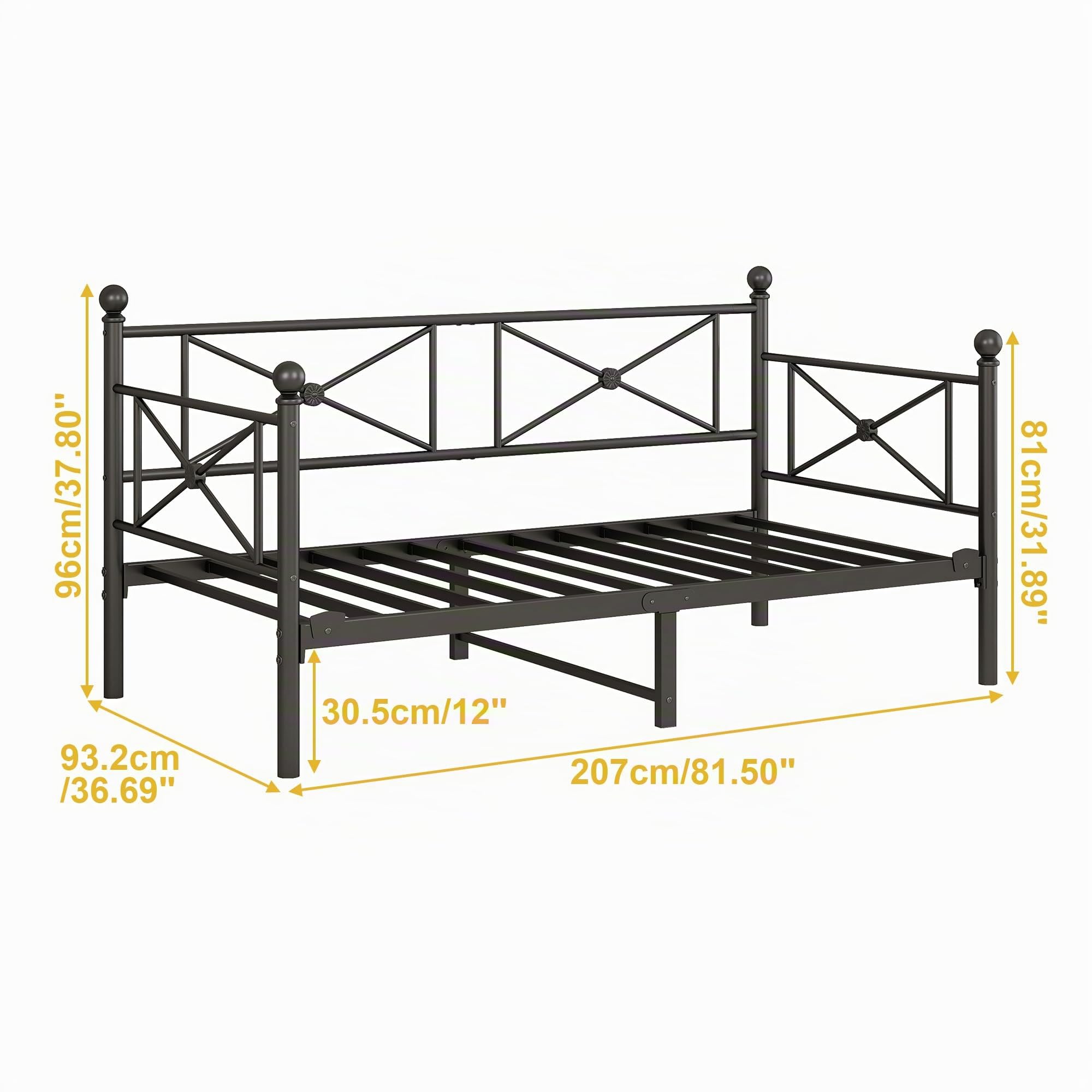 Tagesbett Metallbett 90x200 cm, Einzel Bettsofa mit Kopfteil & Lattenrost, Jugendbett Schweres Metall-Lattenrost zur Matratzenunterstützung, Tagesbett für Wohnzimmer & Schlafzimmer, Schwarz
