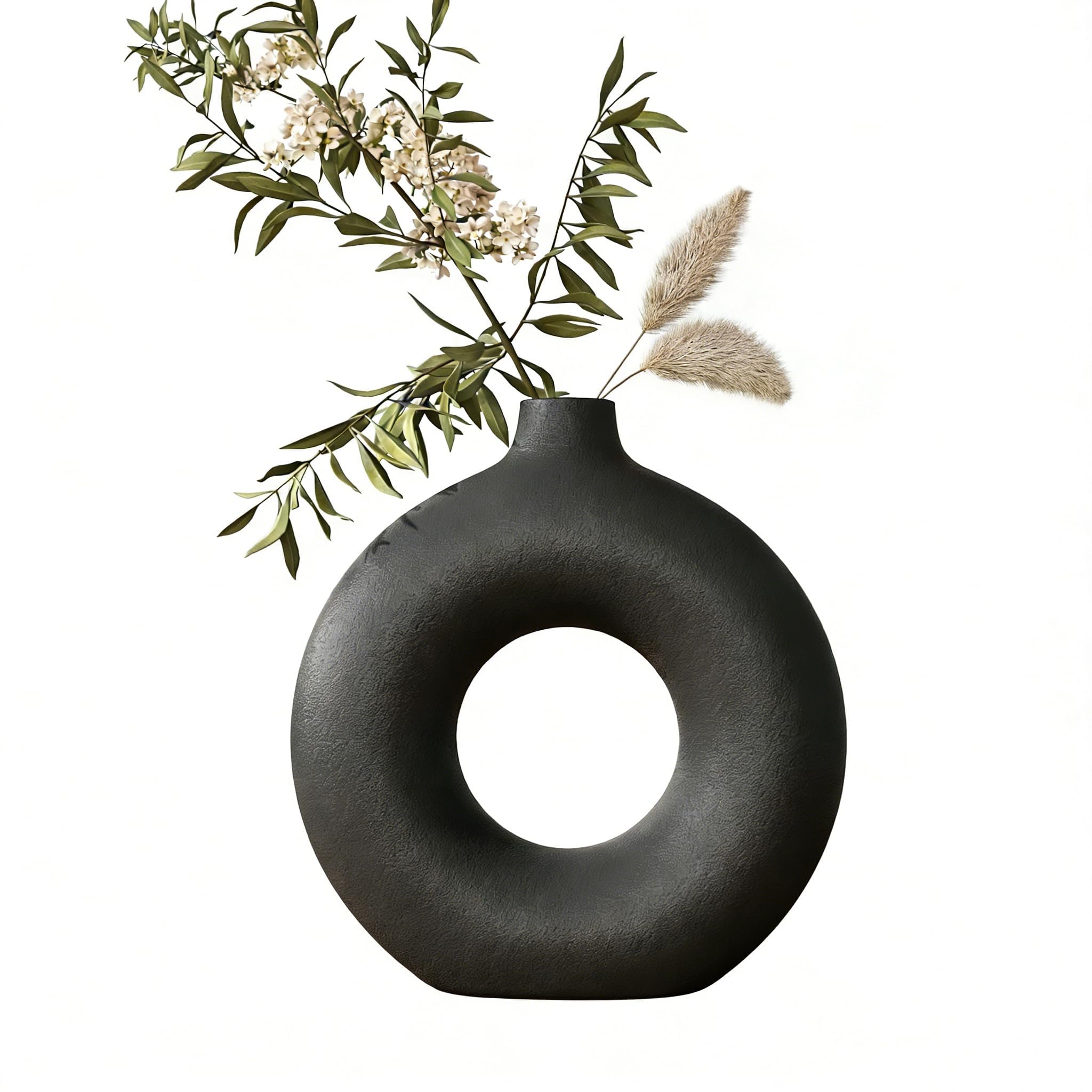 Donuts, Vase, Ceramic, Black, Cannin, Mildew, Vase, Flower Base, Ceramic, Handmade, Height 5.7 inches (14.5 cm), Matte, Scrub, Japanese Style, Coarse Ceramic, Stable, Fall-Resistant, Nordic, Modern : 