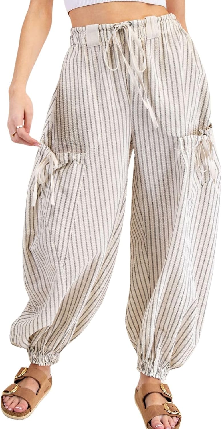 Women Drawstring Striped Pants Loose Wide Leg Casual Lounge Pants with Pockets