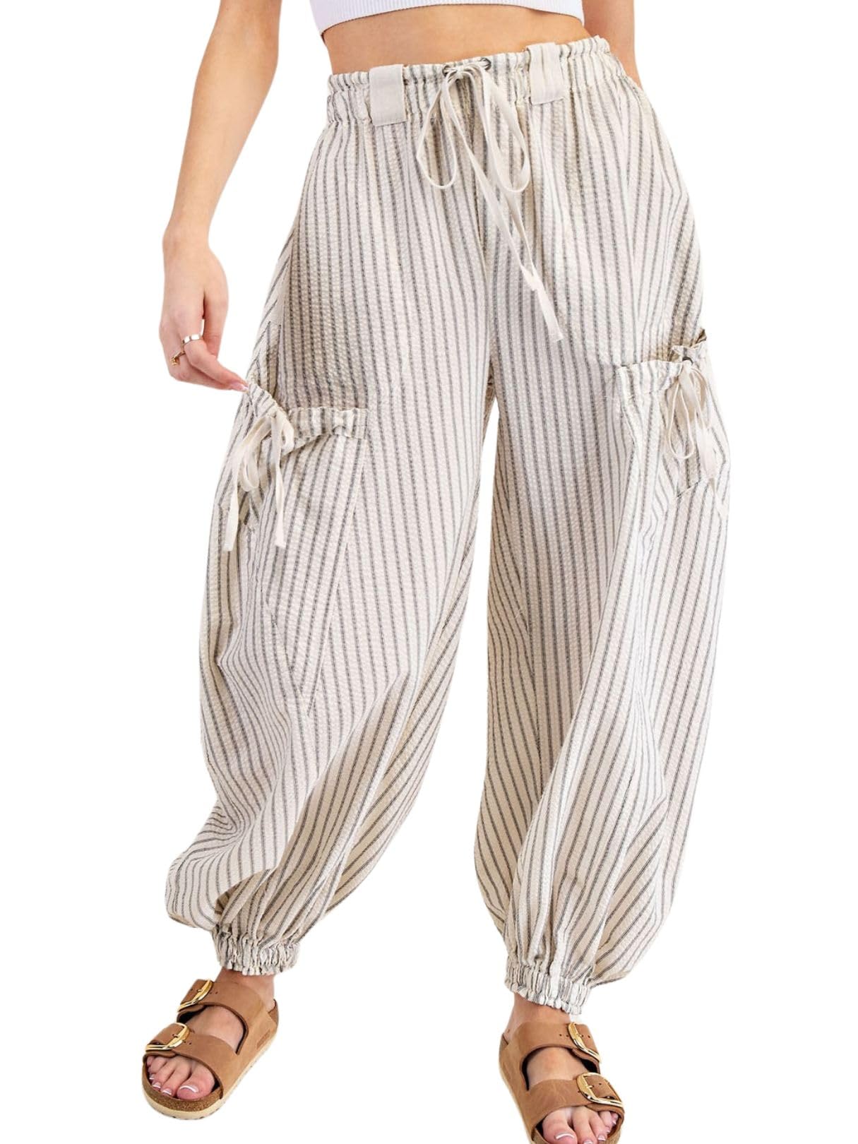 Women Drawstring Striped Pants Loose Wide Leg Casual Lounge Pants with Pockets