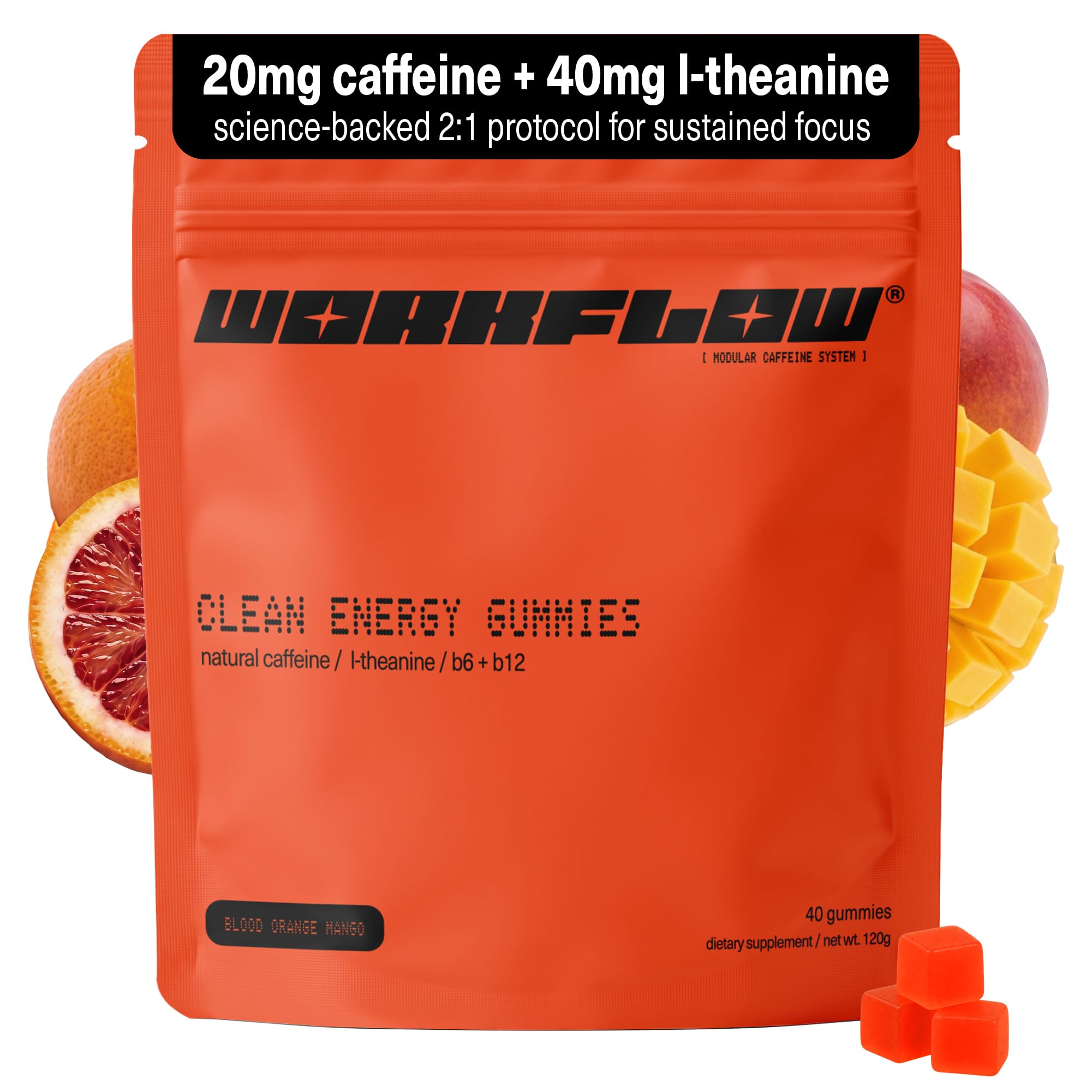 WORKFLOW Suplemento em Gomas para Energia com L-teanina, Cafeína de Guaraná, Vitaminas B12 e B6, 40 gomas