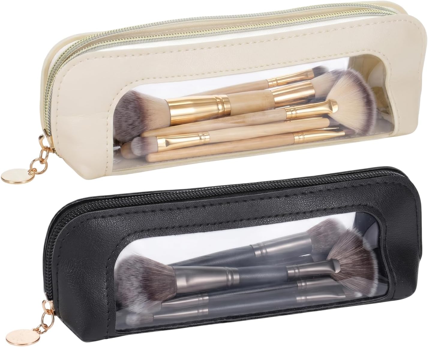 Small Clear Makeup Brush Bag | Portable Transparent Waterproof Organizer Pouch with Zipper | Leather Slim Makeup Case | Lipstick Pouch for Women Travel Office Cosmetic Storage(Off-white black)