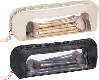 Small Clear Makeup Brush Bag | Portable Transparent Waterproof Organizer Pouch with Zipper | Leather Slim Makeup Case | Lipstick Pouch for Women Travel Office Cosmetic Storage(Off-white black)