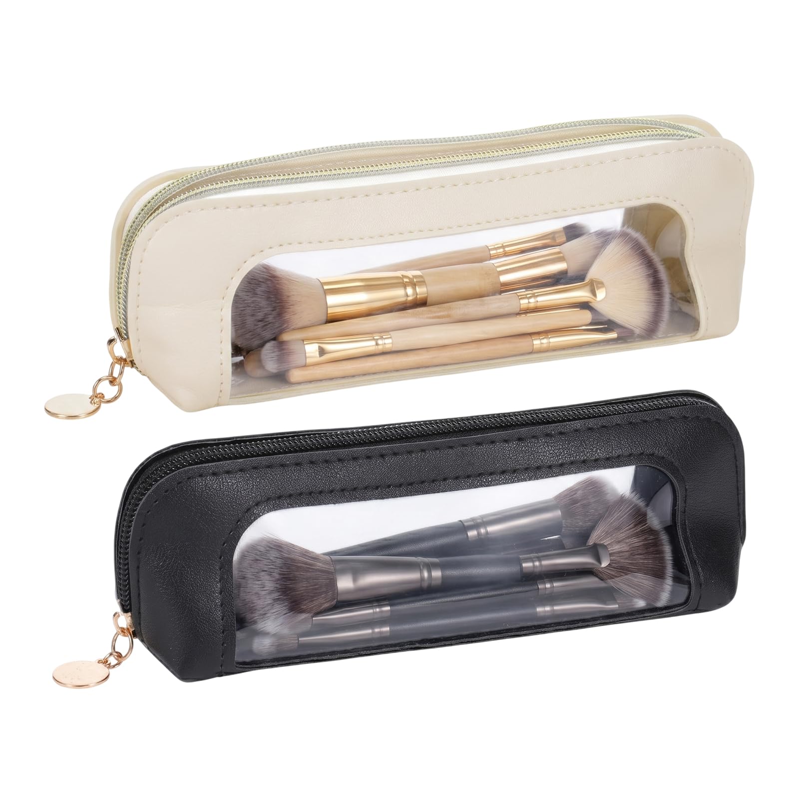 Small Clear Makeup Brush Bag | Portable Transparent Waterproof Organizer Pouch with Zipper | Leather Slim Makeup Case | Lipstick Pouch for Women Travel Office Cosmetic Storage(Off-white black)