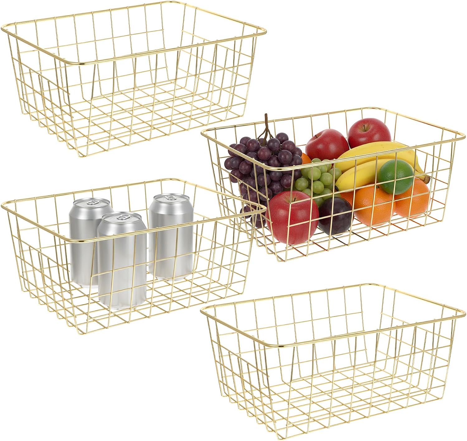Gold Wire Basket Set of 4, Large Metal Storage Baskets with Handles, Rustproof Organizer Bins for Pantry Kitchen Bathroom Office, Decorative Gold Basket for Home Organization