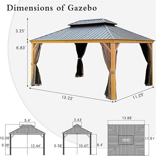 Miniatura 8 de Cenador de techo rígido de 12 x 14 pies, toldo con marco de aluminio recubierto de madera con doble techo de acero galvanizado, pabellón de metal