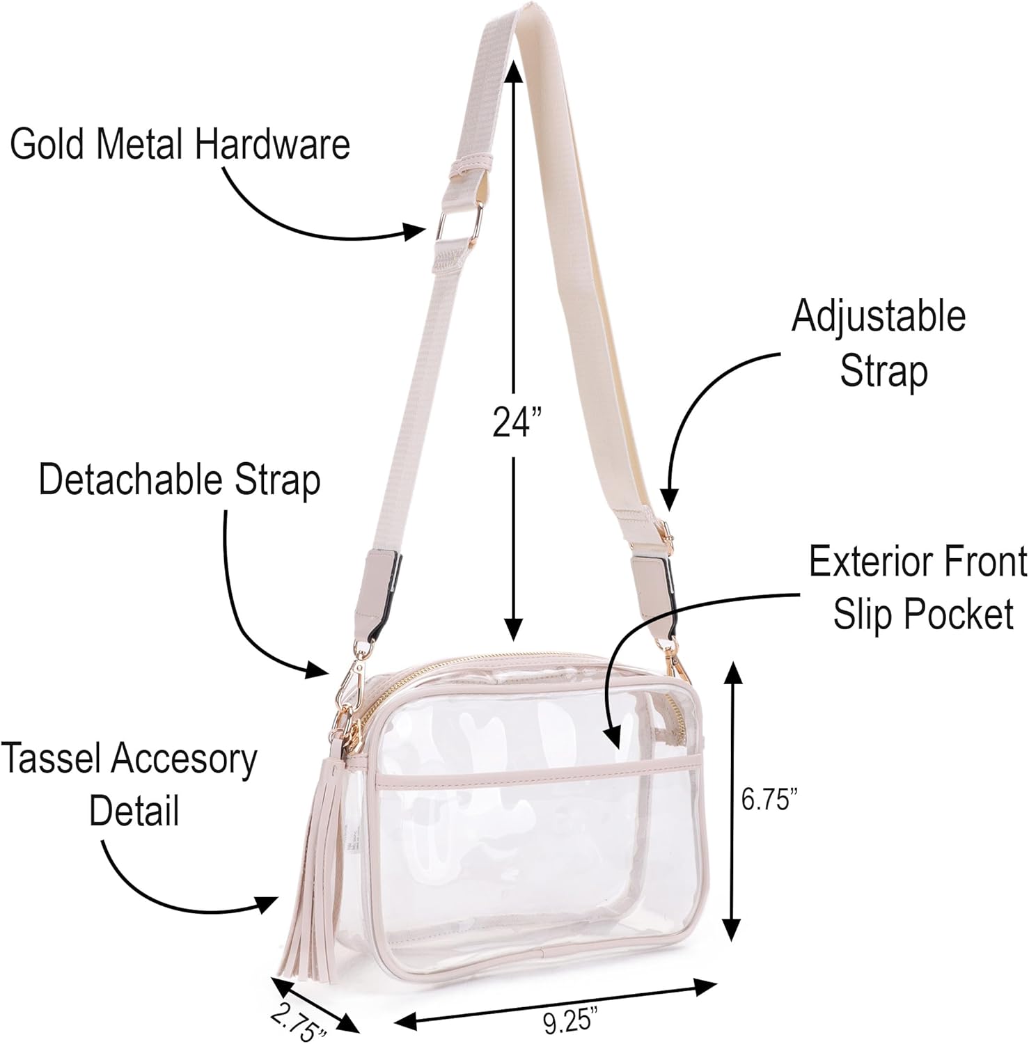 Isabelle Clear Transparent Crossbody Bag for Stadium Approved Concert Events with Adjustable and Detachable Strap and Tassel