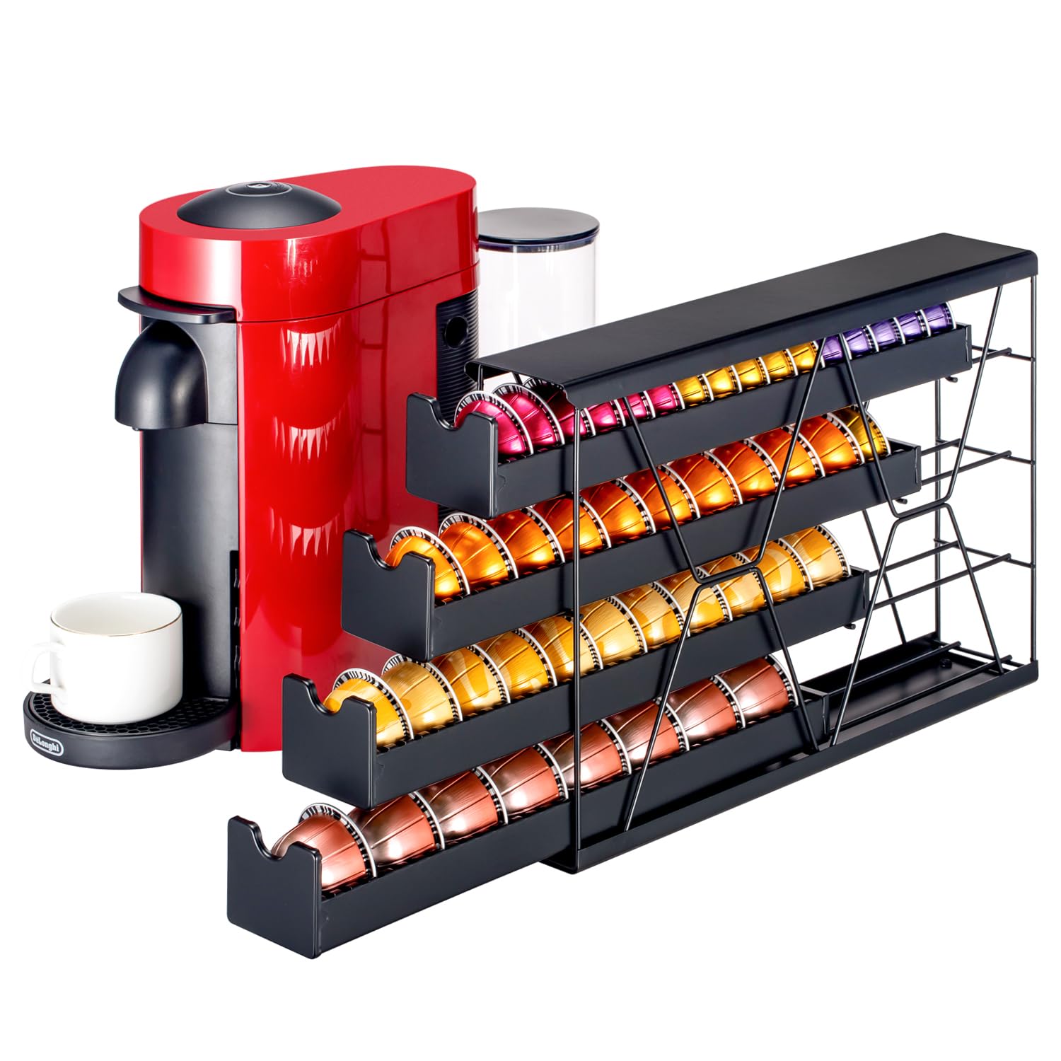 FlagShip Organizador de cápsulas de café de esquina de 4 niveles para Nespresso Vertuo – Almacenamiento de más de 40 cápsulas, delgado de metal para encimera de cocina, ahorro de espacio con diseño