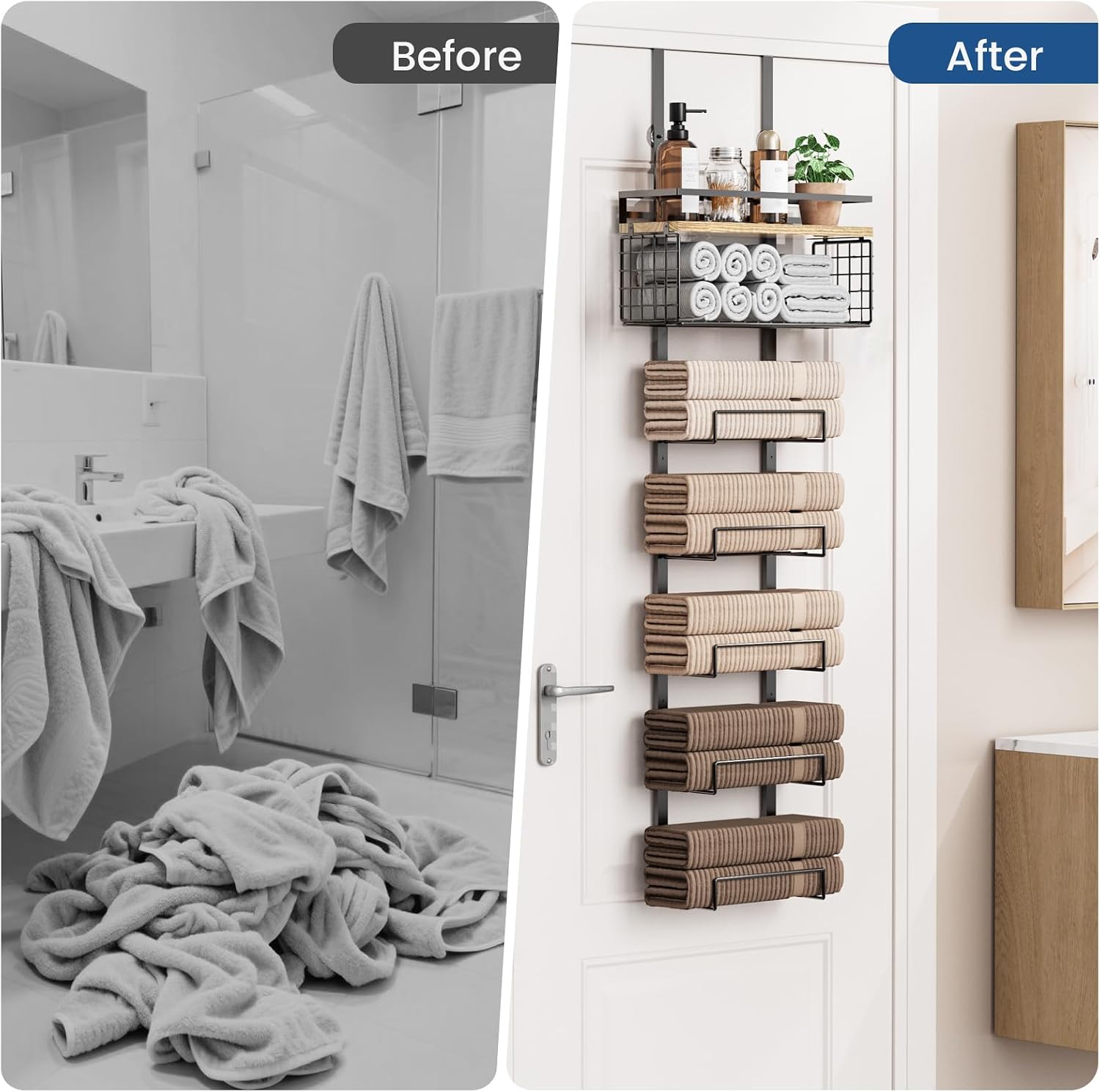 Aetyord Towel Racks for Bathroom Over The Door Towel Racks Towel Storage Organizer with Metal Shelf Basket for Bathroom Rv Camper (7-Tier Black with Wood Plank) image 5