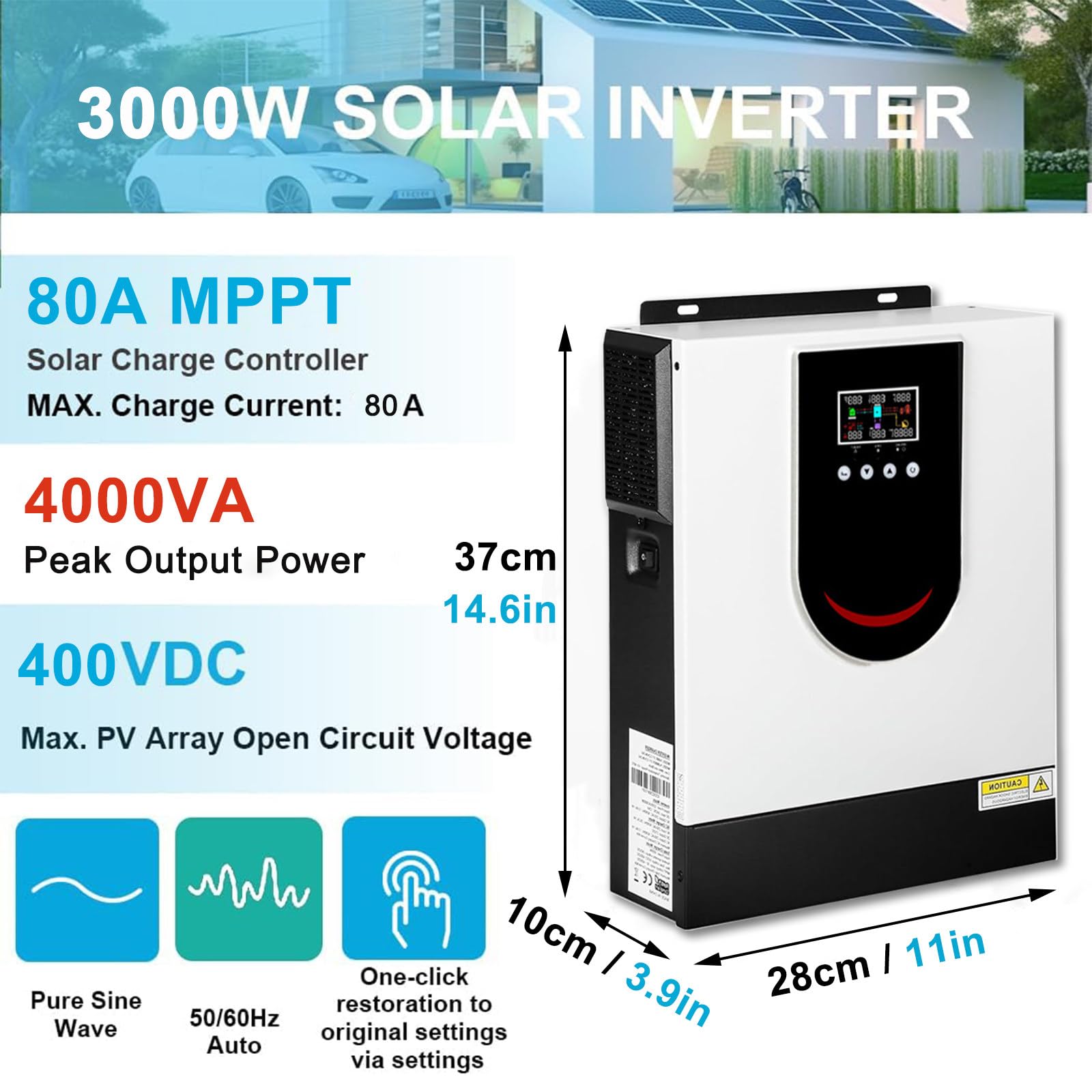 Onduleur Solaire Hybride 2000W 3000W, onduleur à Onde sinusoïdale Pure Domestique, convertisseur de Puissance Hybride Solaire, Chargeur d'onduleur Hybride Hors réseau,12V-2000W