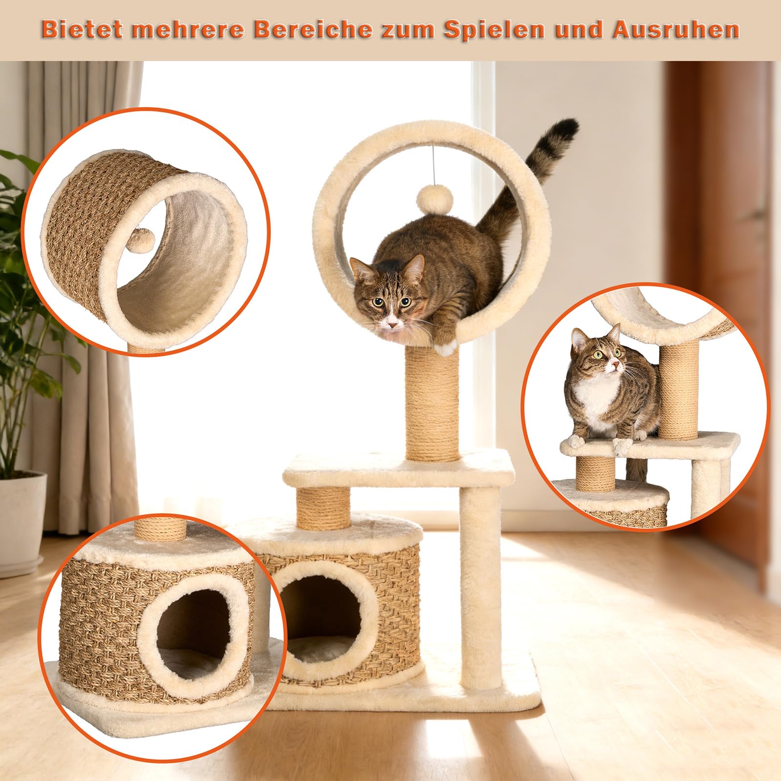 Kratzbaum Modern mit Sisal Kratzsäulen & Handgestrickter Höhle – Stabiler Katzenbaum aus Natürlichem Seegras – Umweltfreundliches Kletterbaum Katzenzubehör für Wohnungskatzen 95 cm