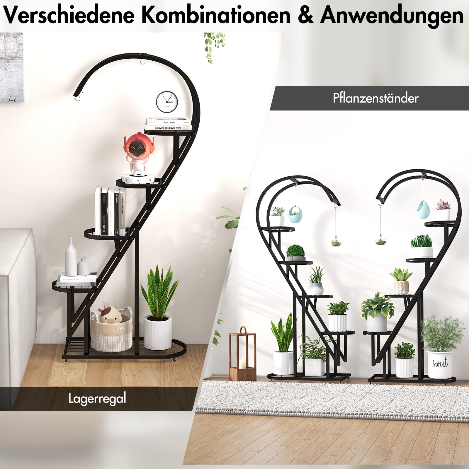 RELAX4LIFE 5-stufiger Pflanzenständer Metall, Blumentreppe Herzförmig, Pflanzenregal mit 4 Haken, Blumenständer Kippschutz, Blumenregal Leiter für Balkon Wohnzimmer Garten (Schwarz)