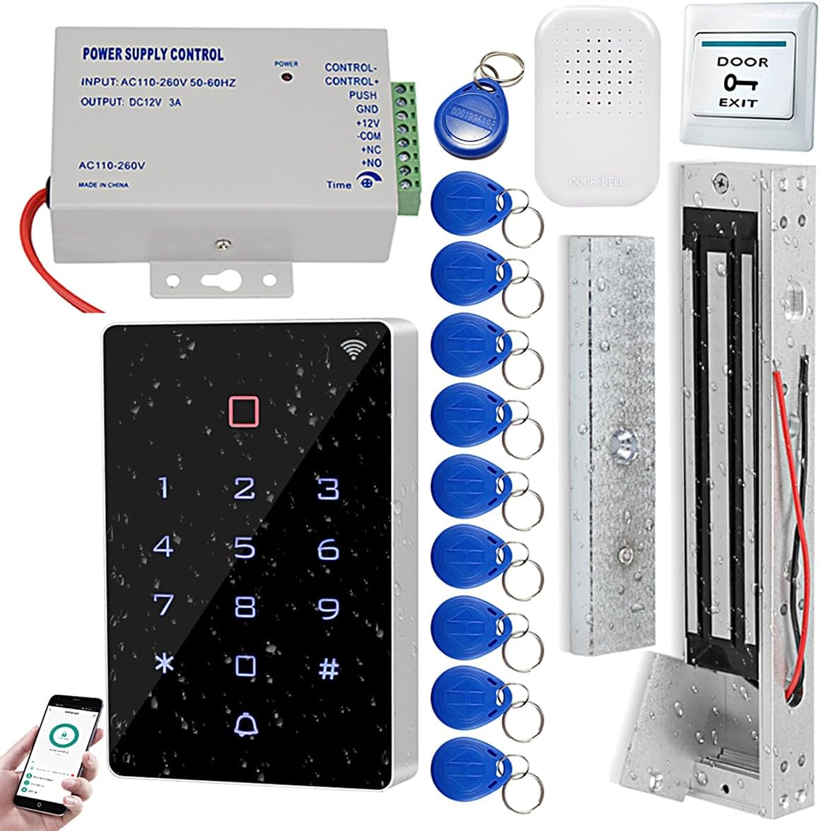 HERNAS Smart Access Control System Kit, IP68 Outdoor Waterproof Door Lock, Tuya APP Remote Control, with 600lbs Magnetic Lock and 12V Power Adapter, Unlocking Logs Traceable