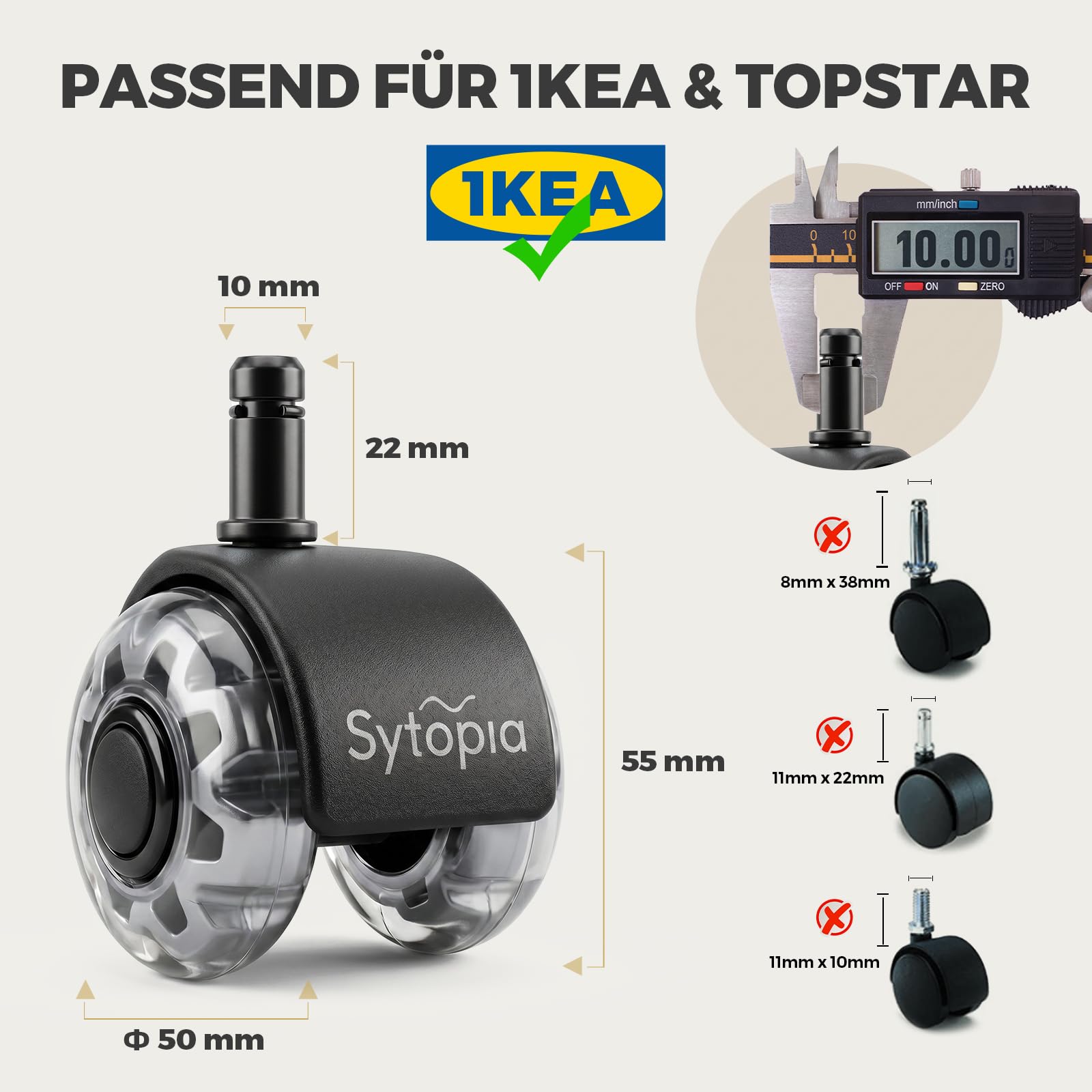 Sytopia Sedia da ufficio con ruote da 10 mm x 22 mm, set di 5 ruote per sedie da ufficio 1KEA, ruote per sedie da ufficio, ruote per ruote, colore grigio