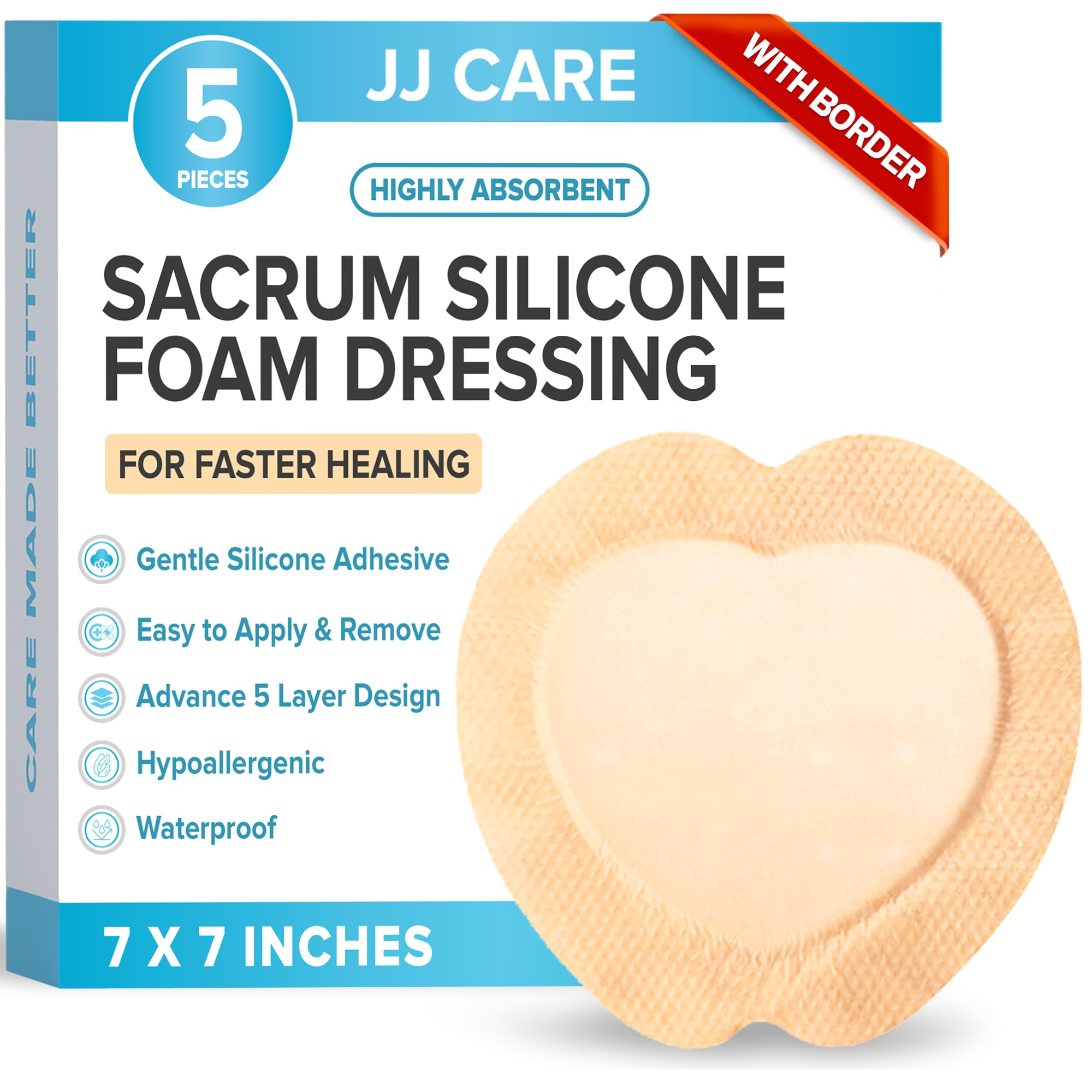 JJ CARE Sacrum Silicone Foam Dressing with Border 7x7 [Pack of 5], Waterproof Sacral Foam Dressing for Wounds, Absorbent Bed Sore Bandages, Sacral Wound Dressing with Silicone Adhesive Border
