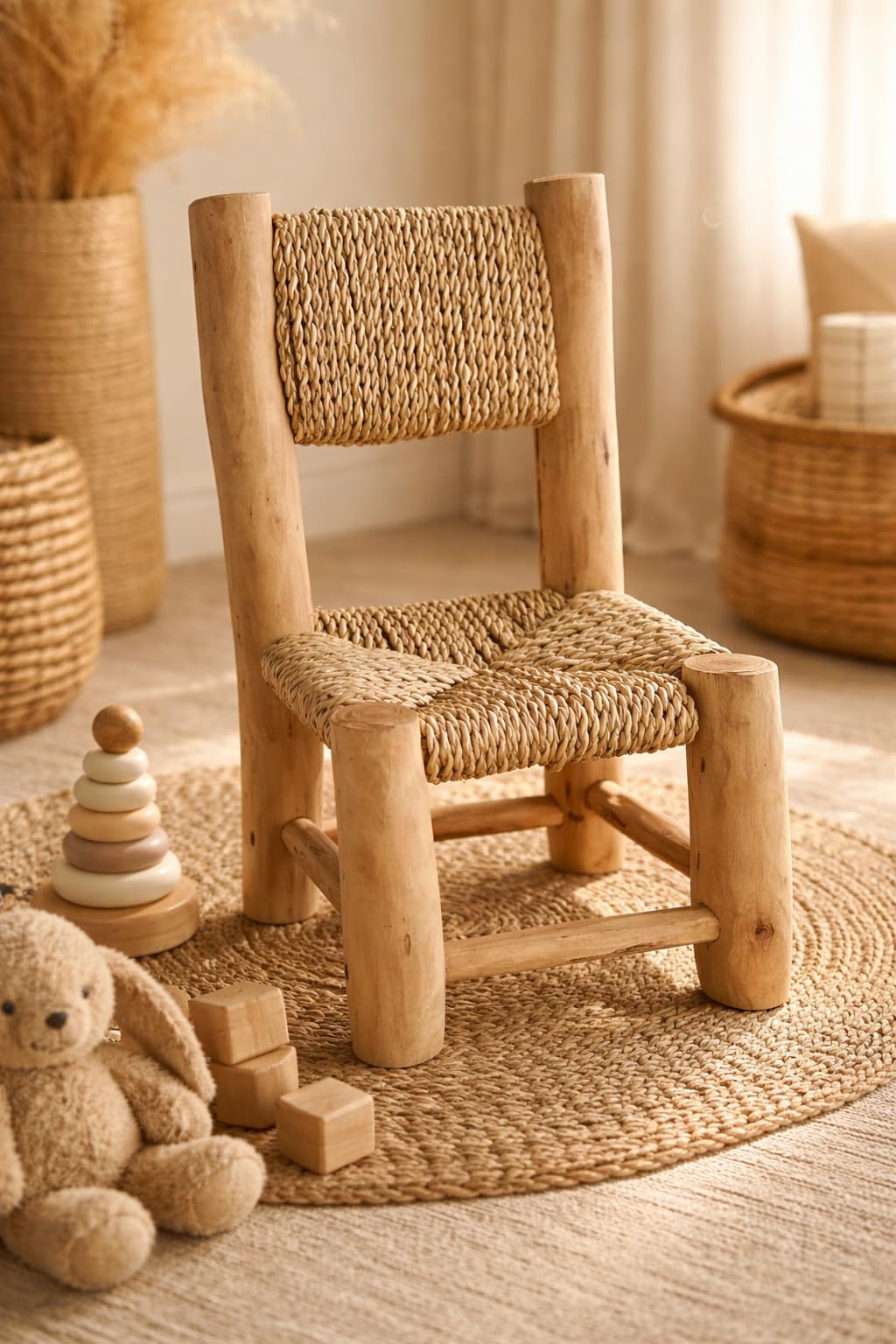 Générique Chaise Enfant en Bois Naturel et Fibres tressées -Petite Chaise Artisanale bohème – Mobilier déco Chambre Enfant Style bohème Solide
