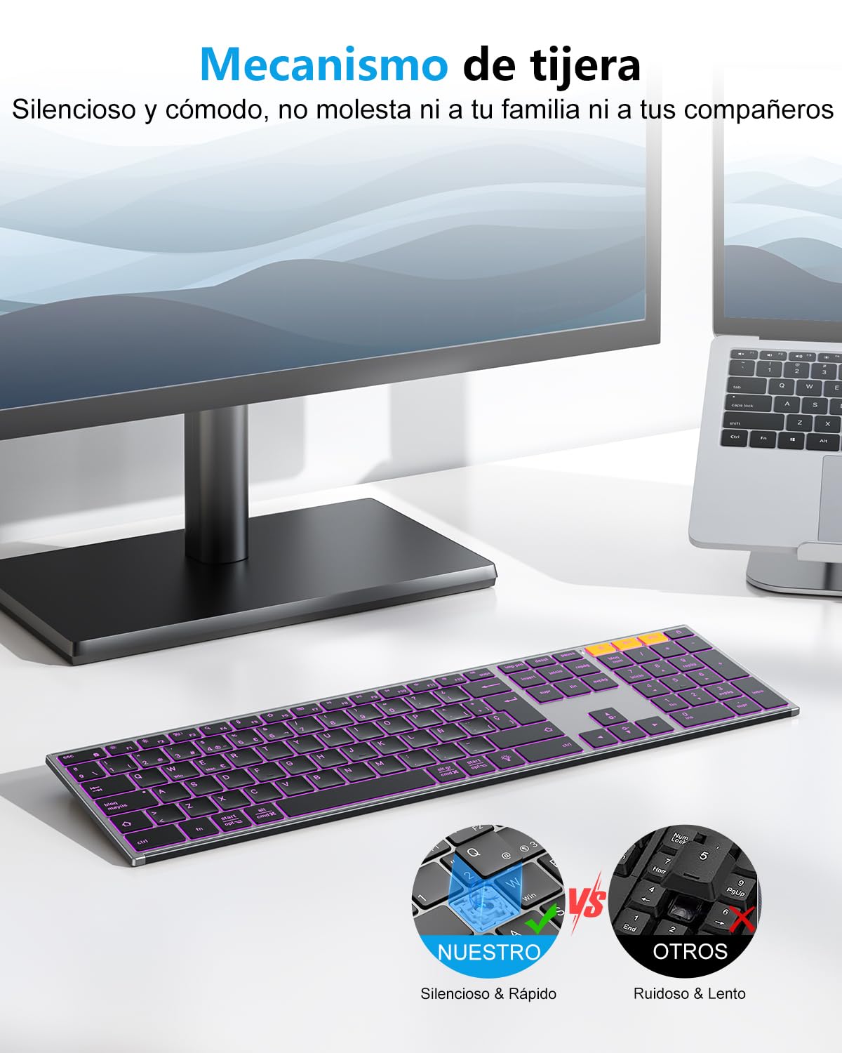 OMOTON Teclado Inalámbrico Bluetooth + 2.4GHz, Carcasa Metálica, Teclado QWERTY Español Silencioso Multidispositivo, Teclado Retroiluminado Recargable para Windows/Mac, Oficina y Estudio, Gris Negro
